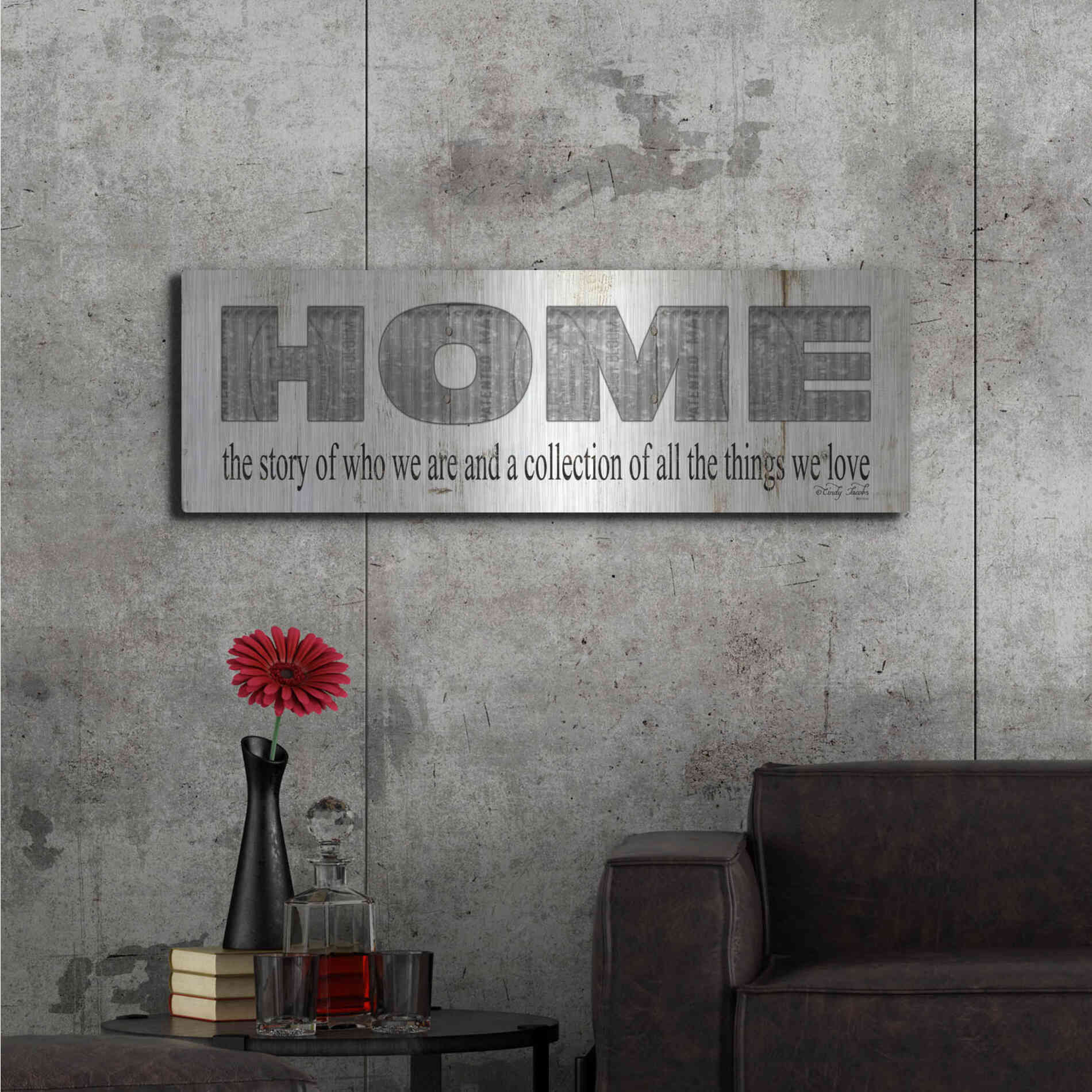 Luxe Metal Art 'Home - A Story of Who We Are Sign' by Cindy Jacobs, Metal Wall Art,48x16