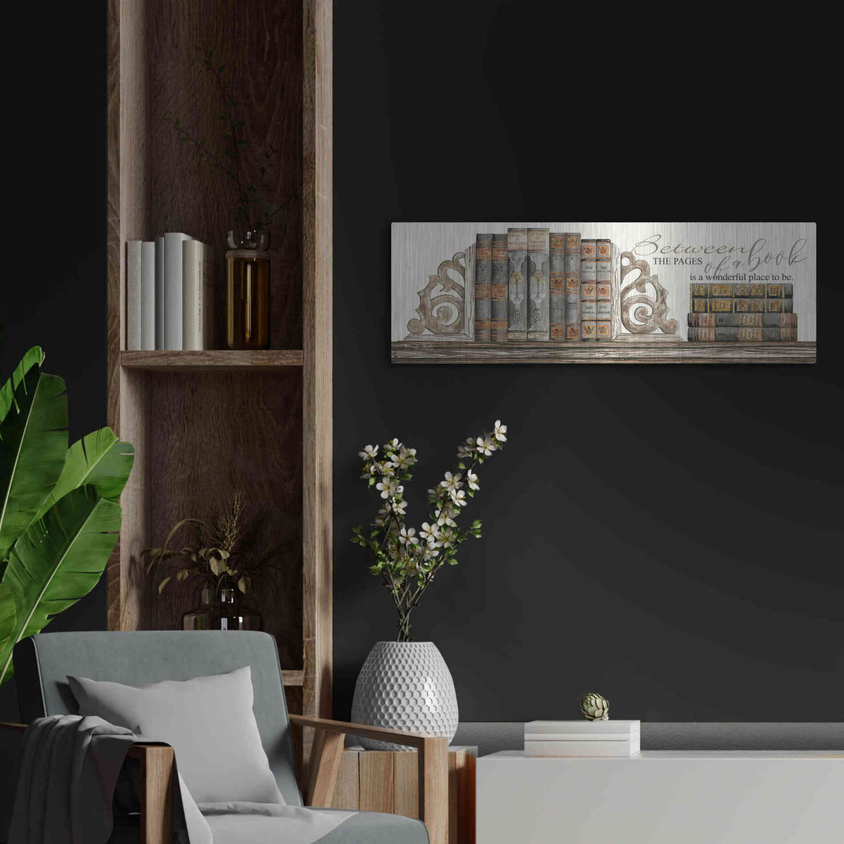 Luxe Metal Art 'Between the Pages of a Book' by Cindy Jacobs, Metal Wall Art,36x12
