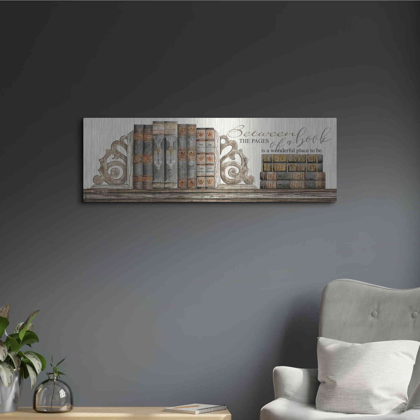 Luxe Metal Art 'Between the Pages of a Book' by Cindy Jacobs, Metal Wall Art,36x12