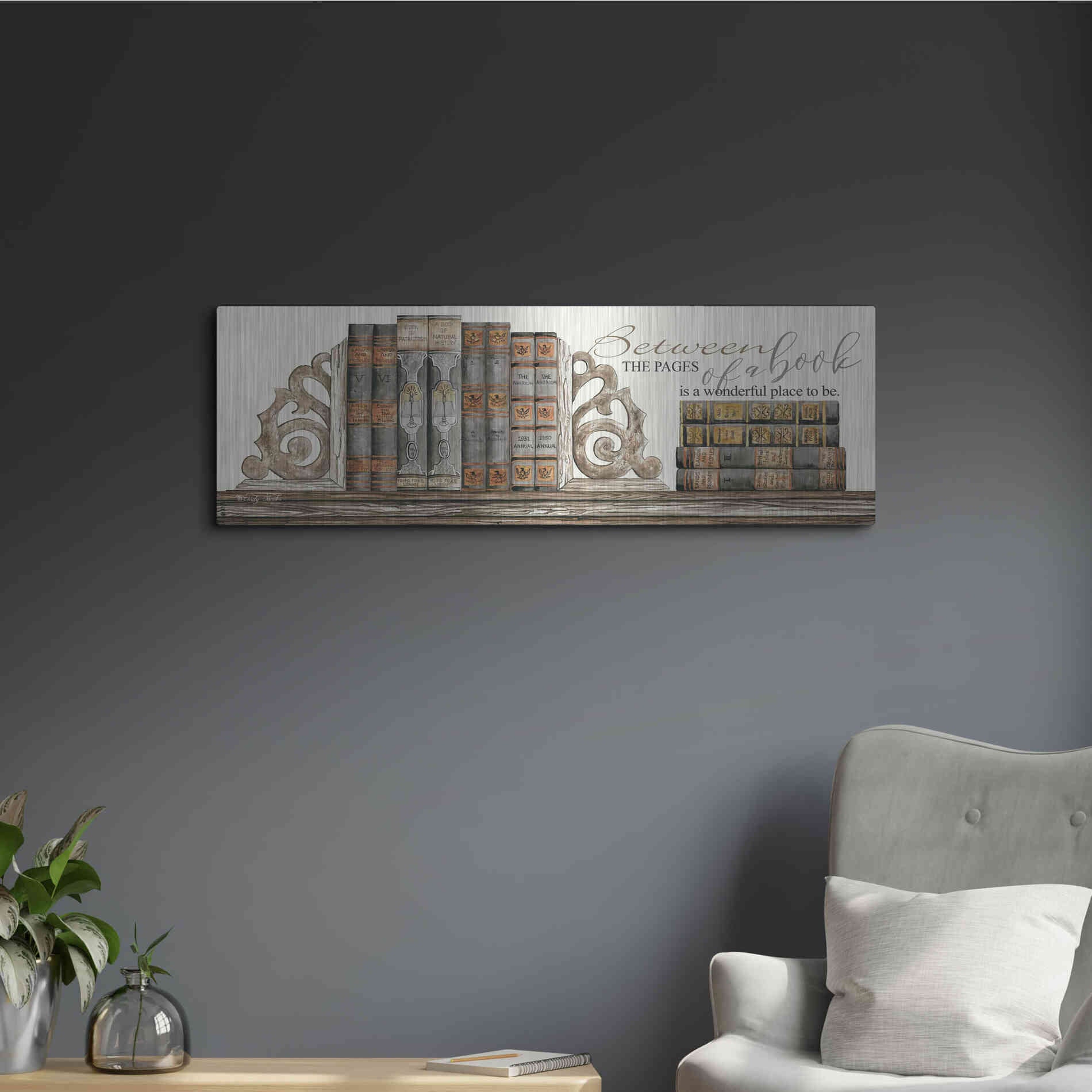 Luxe Metal Art 'Between the Pages of a Book' by Cindy Jacobs, Metal Wall Art,36x12