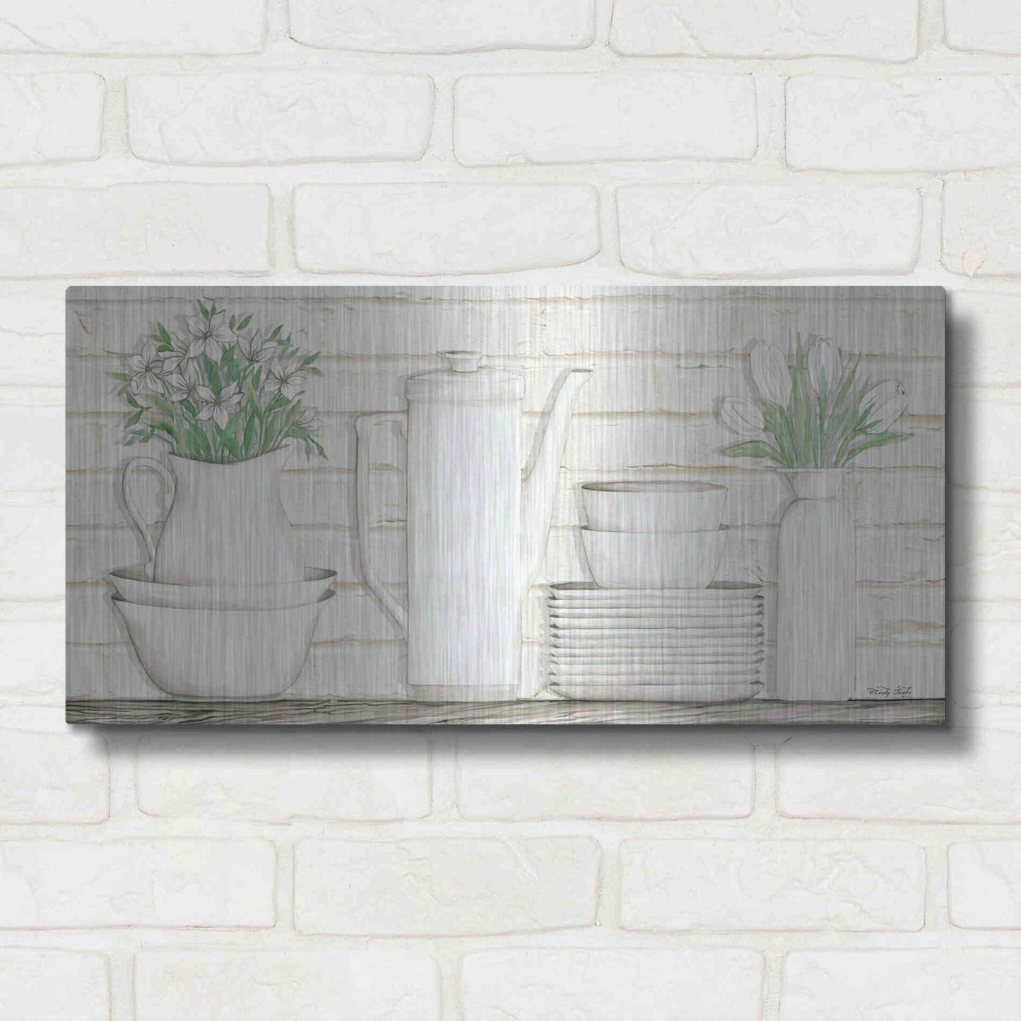 Luxe Metal Art 'White Ware Shelf II' by Cindy Jacobs, Metal Wall Art,24x12