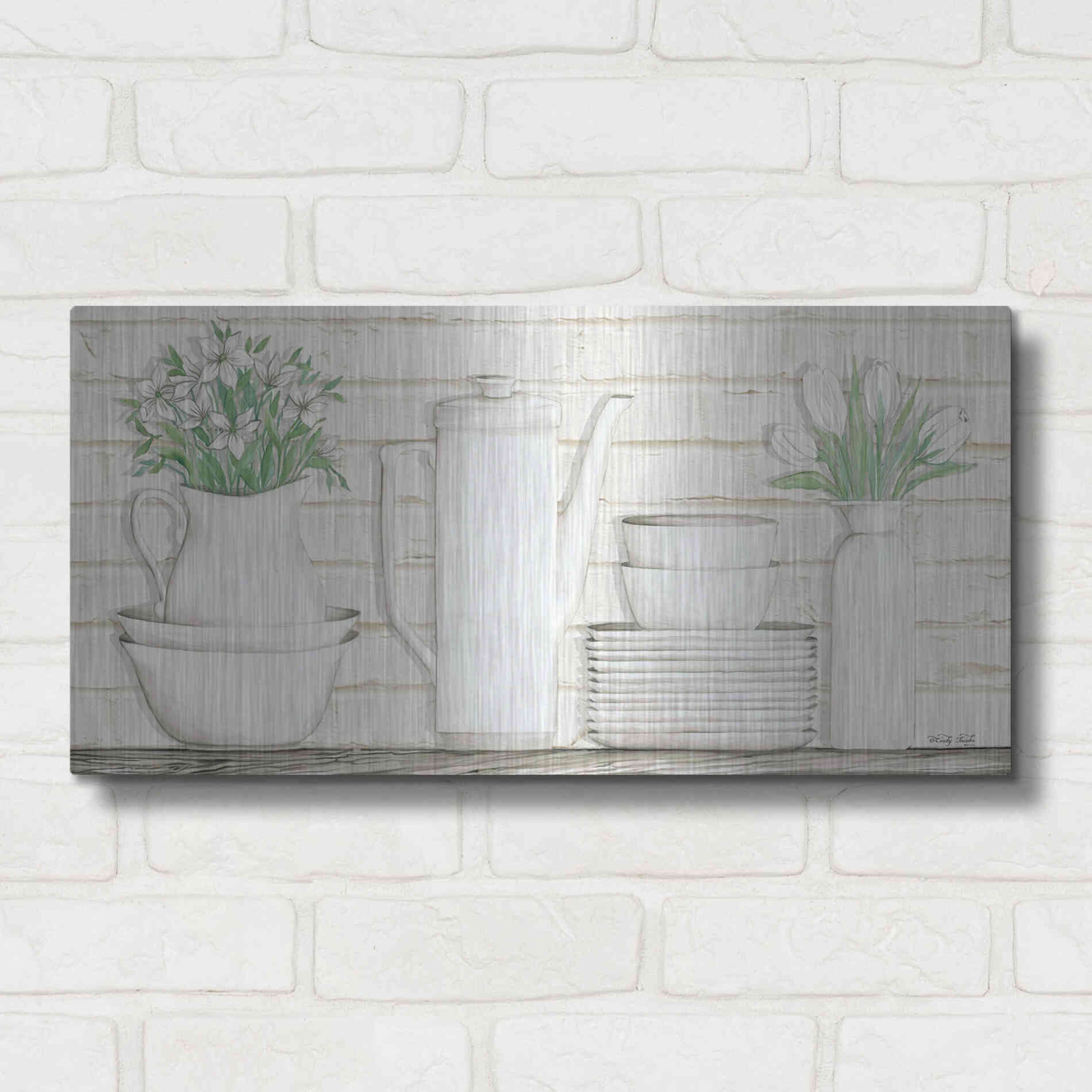 Luxe Metal Art 'White Ware Shelf II' by Cindy Jacobs, Metal Wall Art,24x12