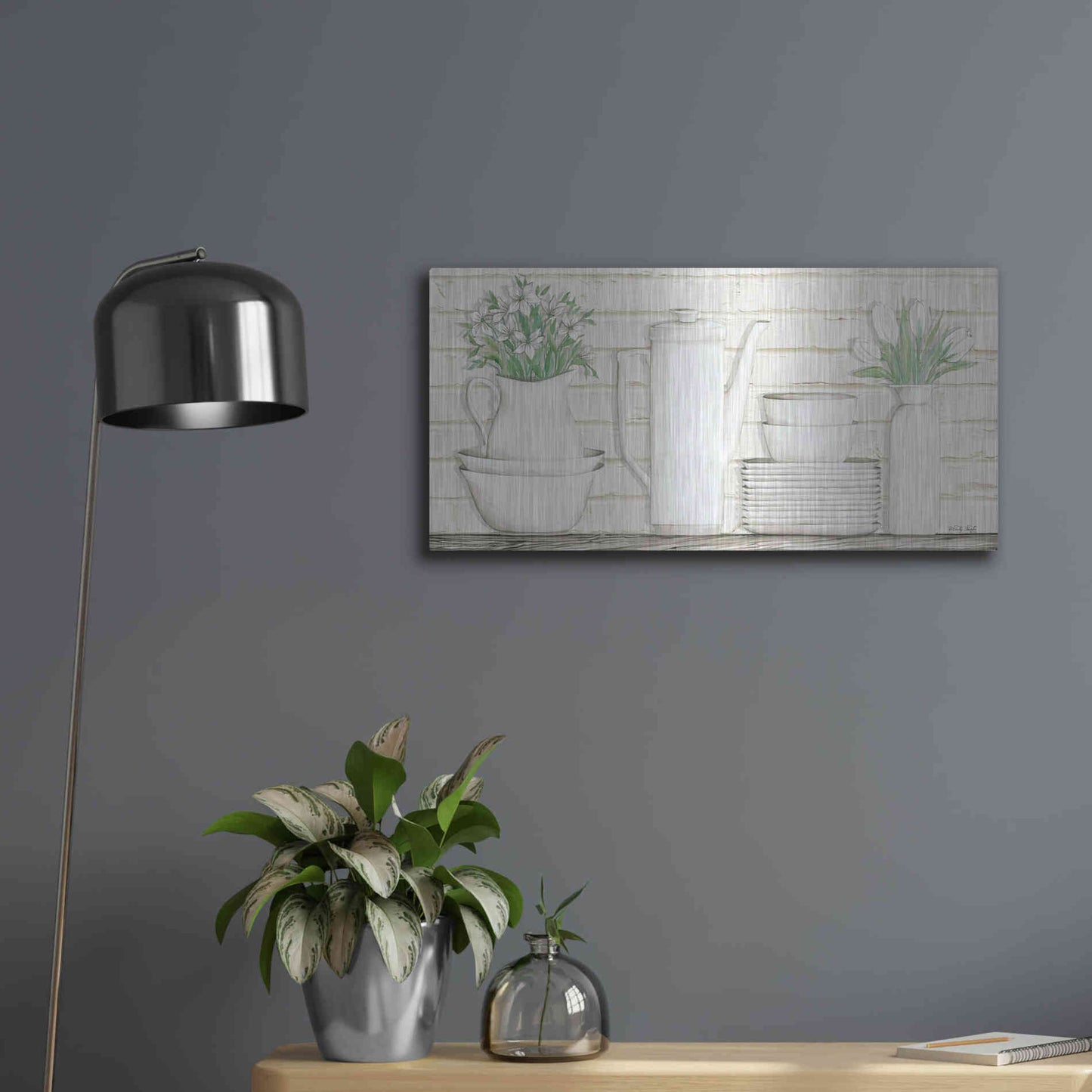 Luxe Metal Art 'White Ware Shelf II' by Cindy Jacobs, Metal Wall Art,24x12