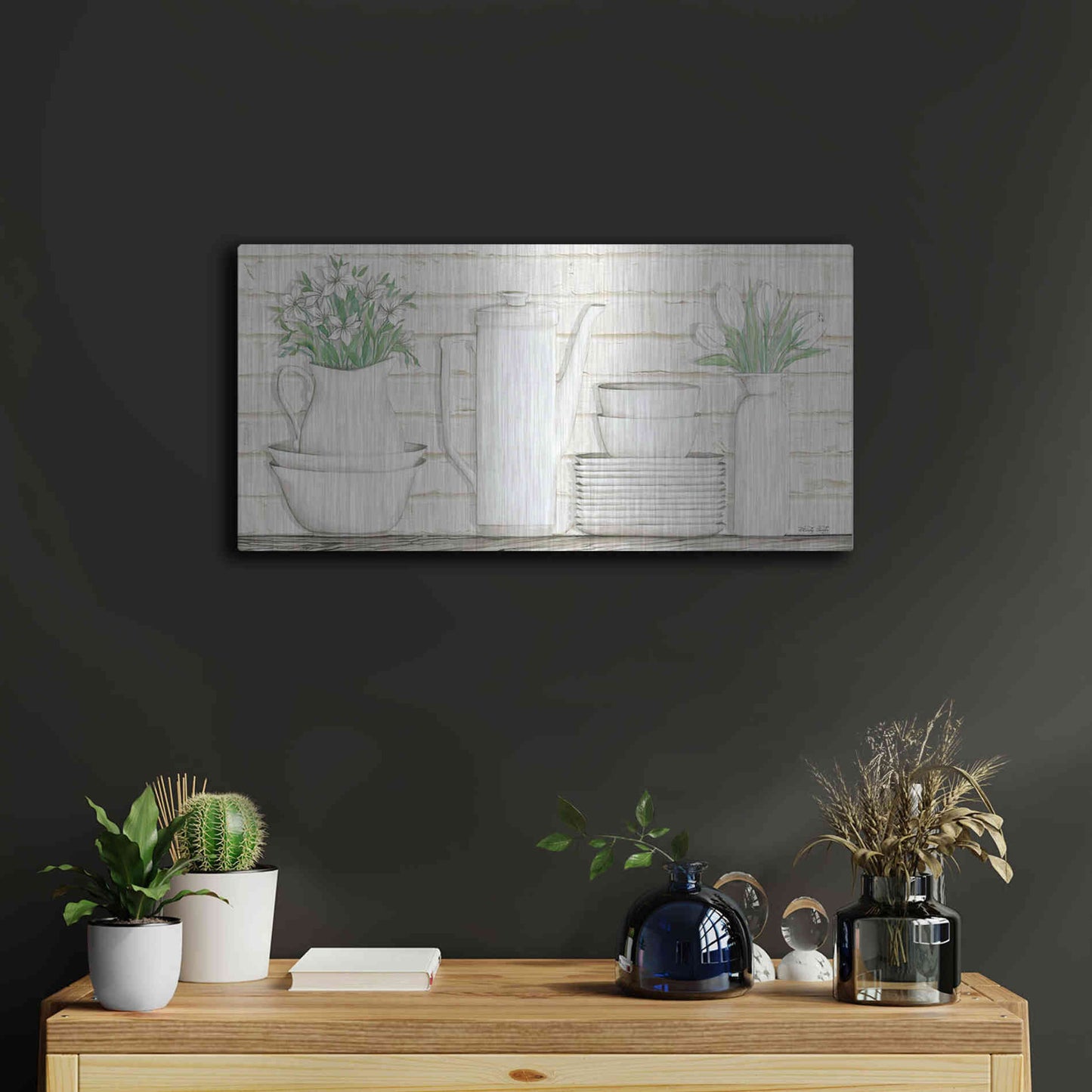 Luxe Metal Art 'White Ware Shelf II' by Cindy Jacobs, Metal Wall Art,24x12