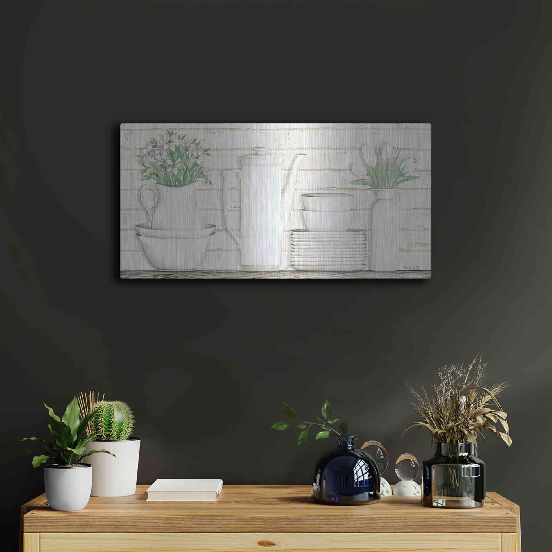Luxe Metal Art 'White Ware Shelf II' by Cindy Jacobs, Metal Wall Art,24x12