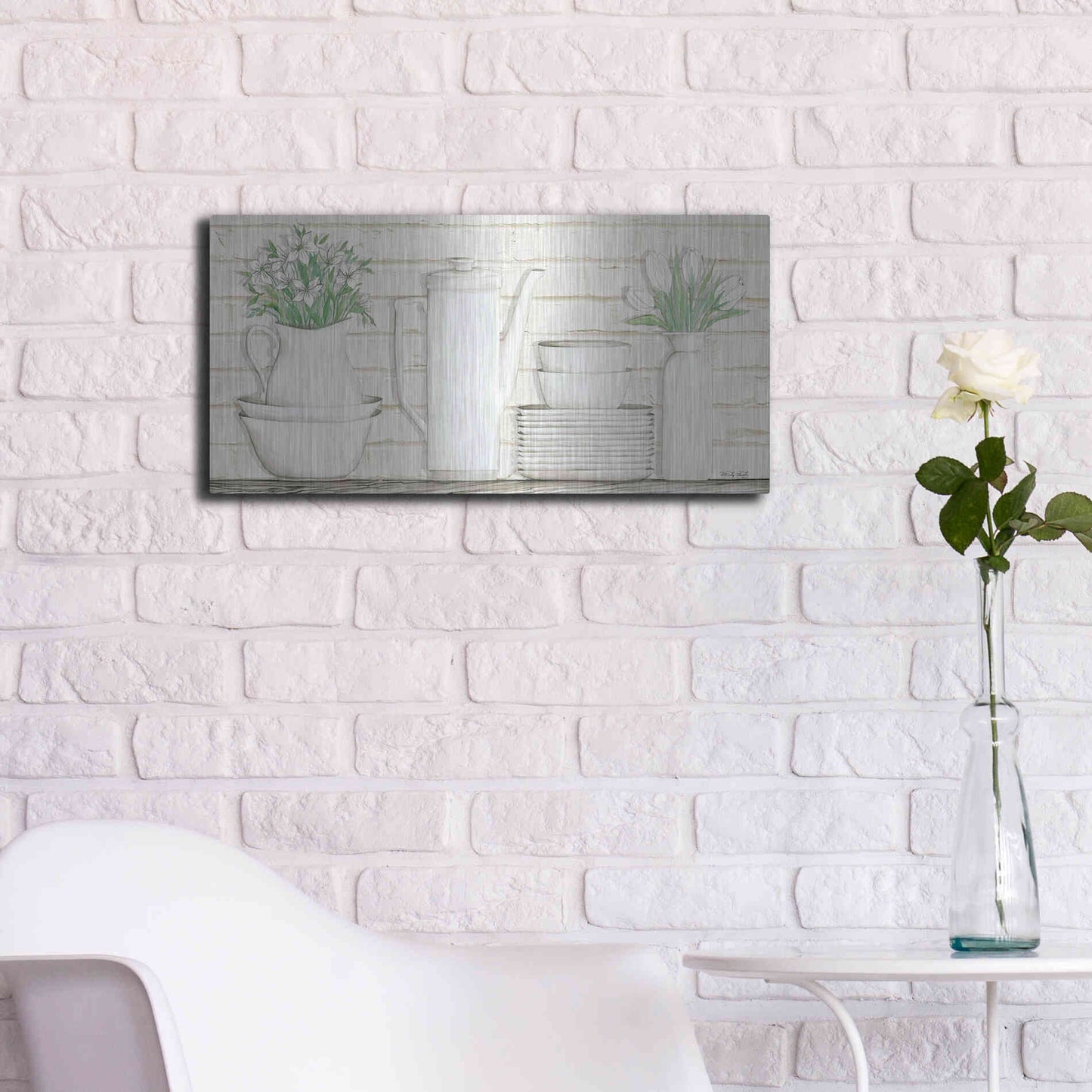 Luxe Metal Art 'White Ware Shelf II' by Cindy Jacobs, Metal Wall Art,24x12