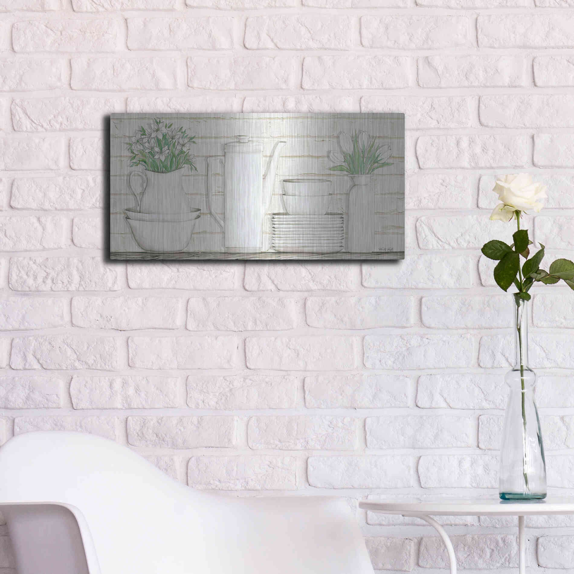Luxe Metal Art 'White Ware Shelf II' by Cindy Jacobs, Metal Wall Art,24x12