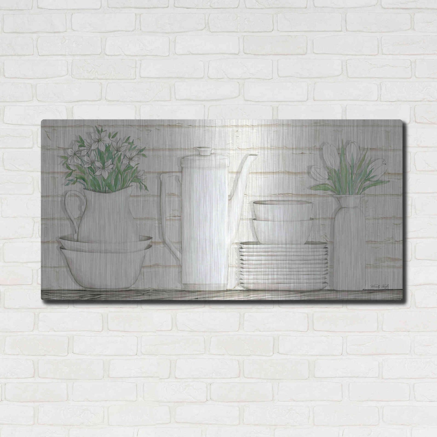 Luxe Metal Art 'White Ware Shelf II' by Cindy Jacobs, Metal Wall Art,48x24