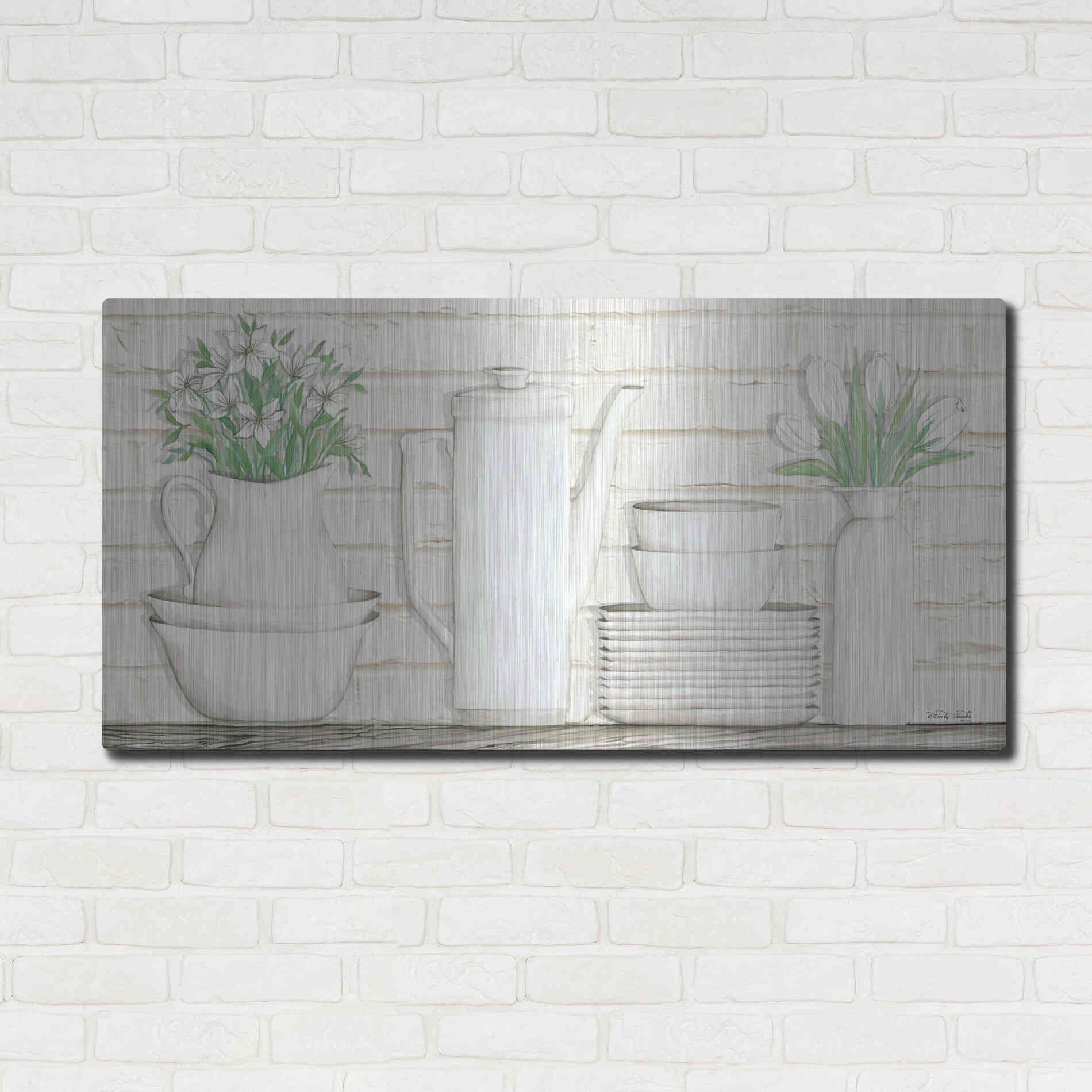 Luxe Metal Art 'White Ware Shelf II' by Cindy Jacobs, Metal Wall Art,48x24