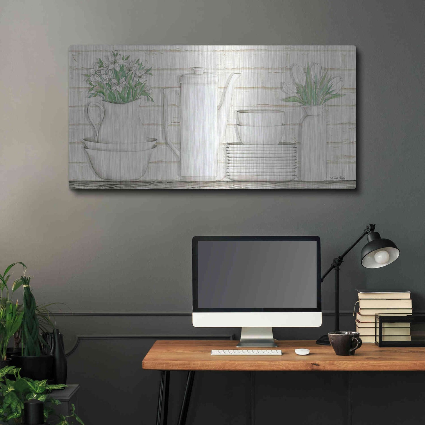 Luxe Metal Art 'White Ware Shelf II' by Cindy Jacobs, Metal Wall Art,48x24