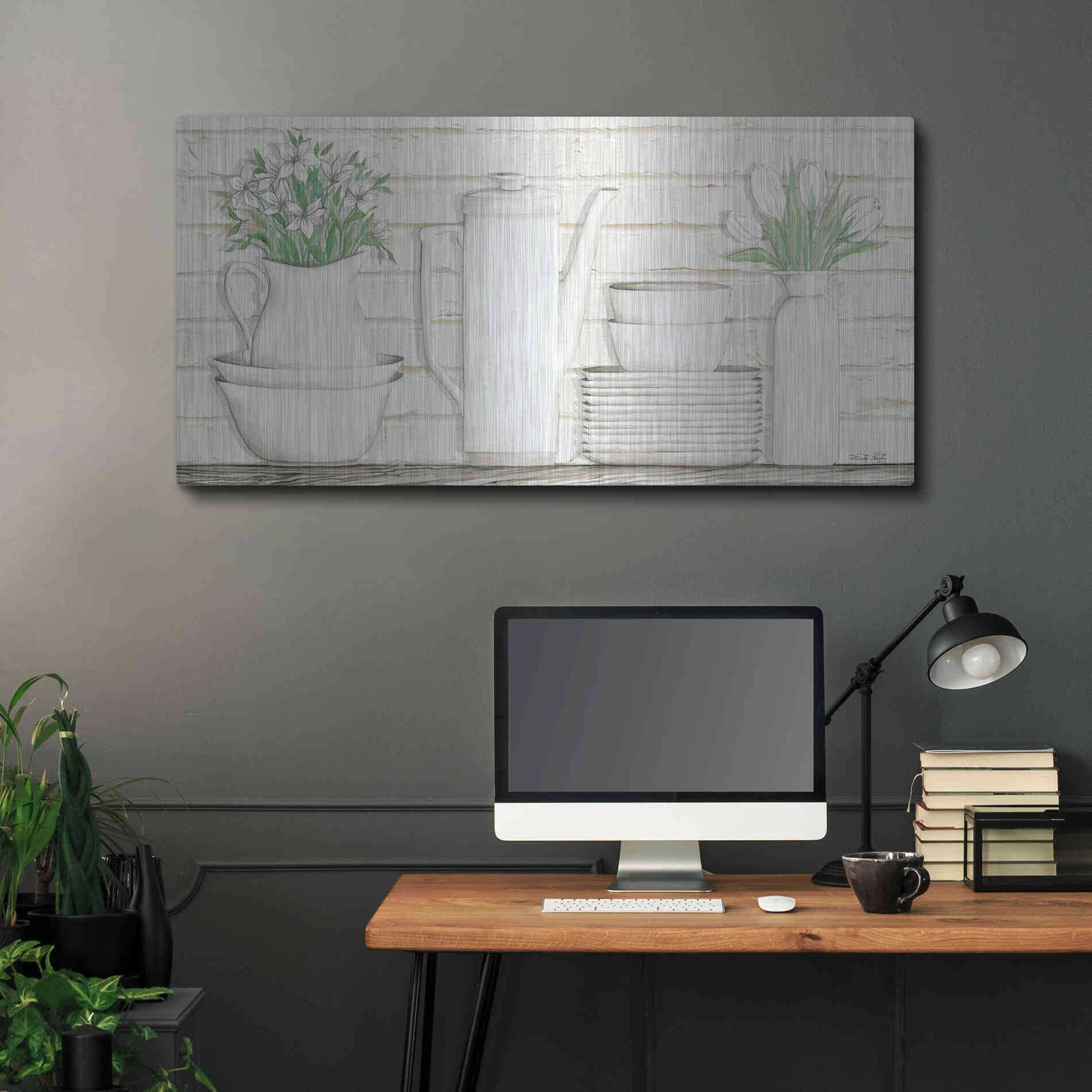 Luxe Metal Art 'White Ware Shelf II' by Cindy Jacobs, Metal Wall Art,48x24