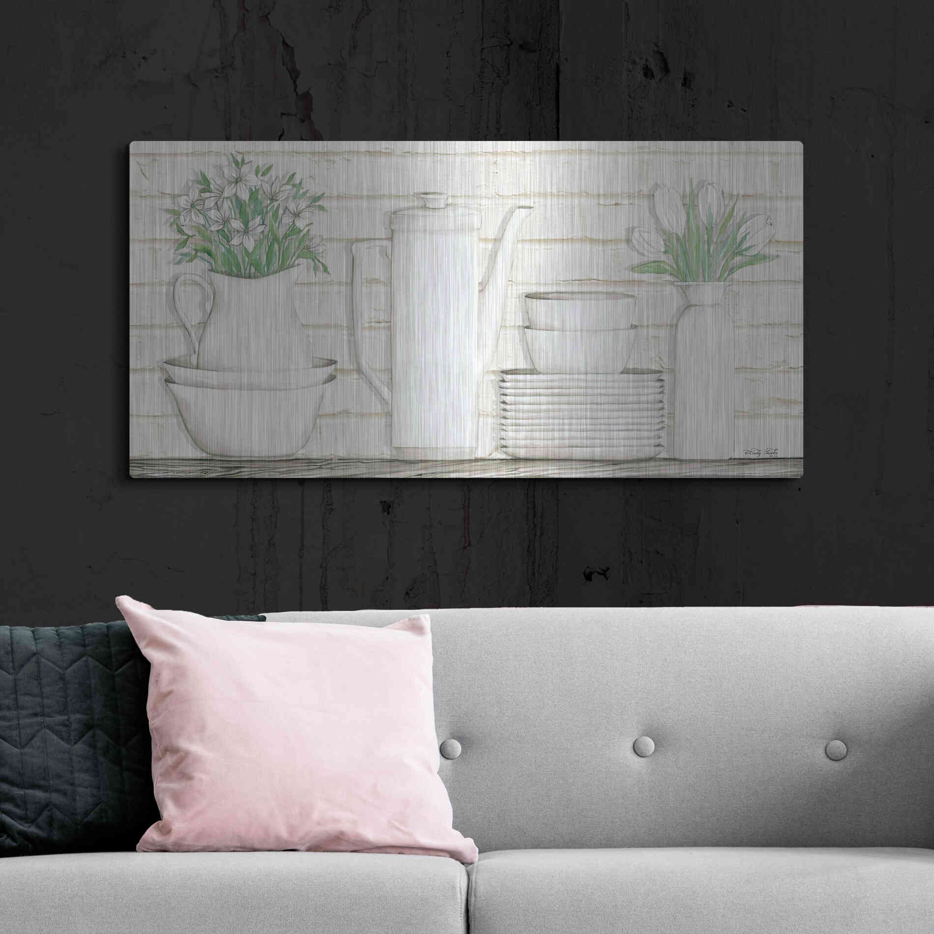 Luxe Metal Art 'White Ware Shelf II' by Cindy Jacobs, Metal Wall Art,48x24