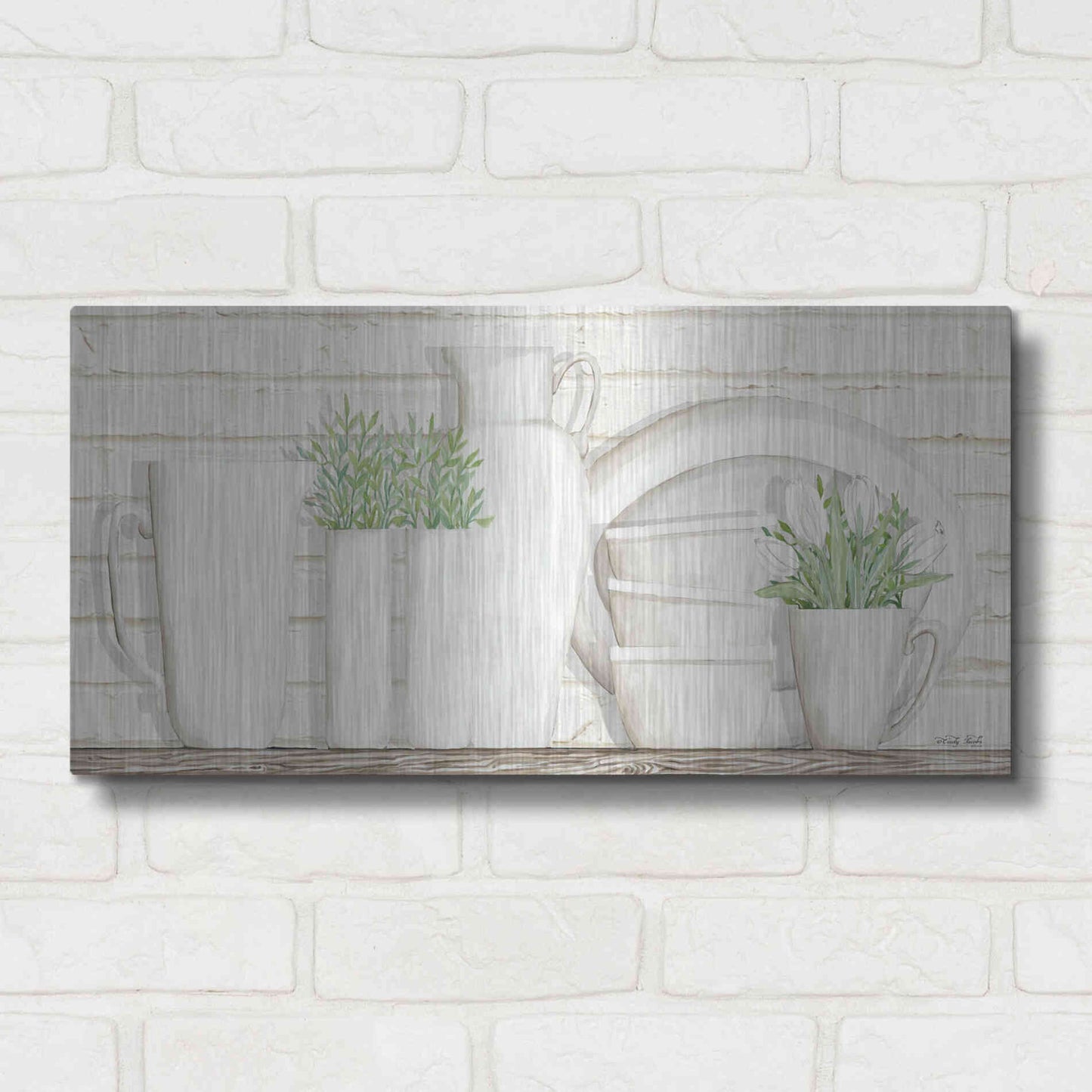 Luxe Metal Art 'White Ware Shelf I' by Cindy Jacobs, Metal Wall Art,24x12