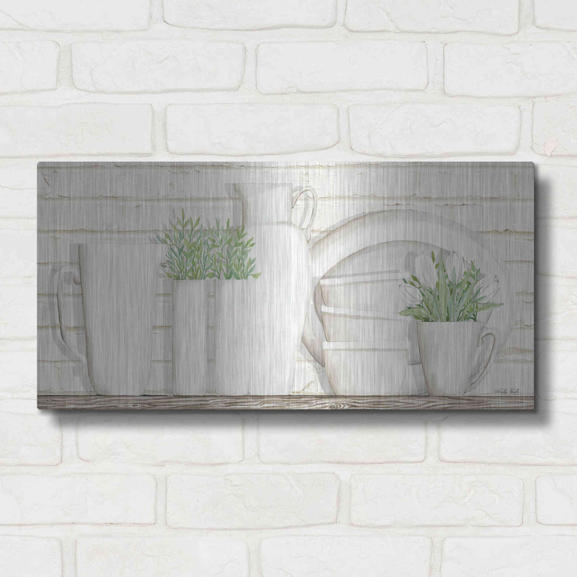 Luxe Metal Art 'White Ware Shelf I' by Cindy Jacobs, Metal Wall Art,24x12