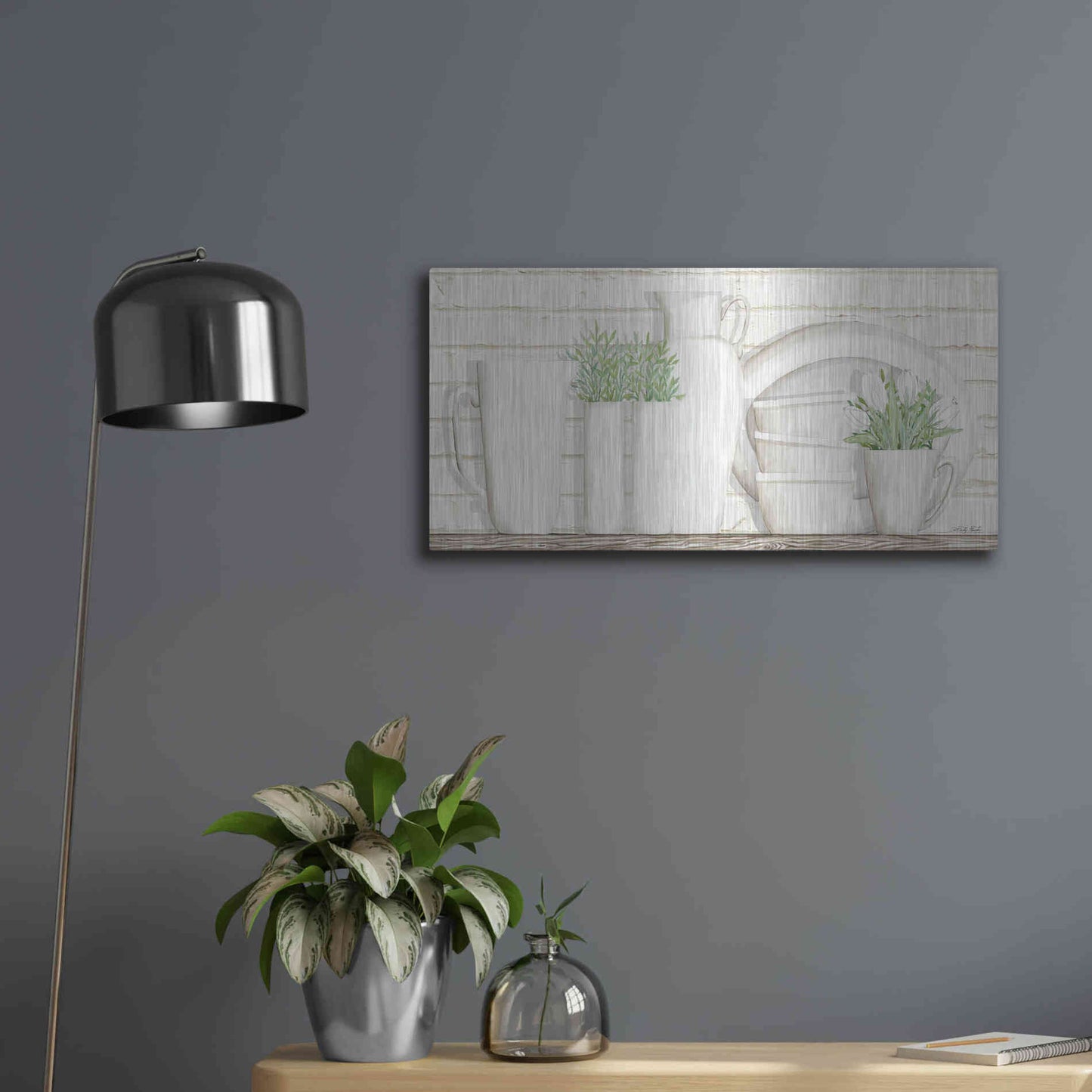 Luxe Metal Art 'White Ware Shelf I' by Cindy Jacobs, Metal Wall Art,24x12