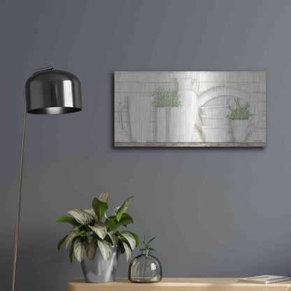 Luxe Metal Art 'White Ware Shelf I' by Cindy Jacobs, Metal Wall Art,24x12