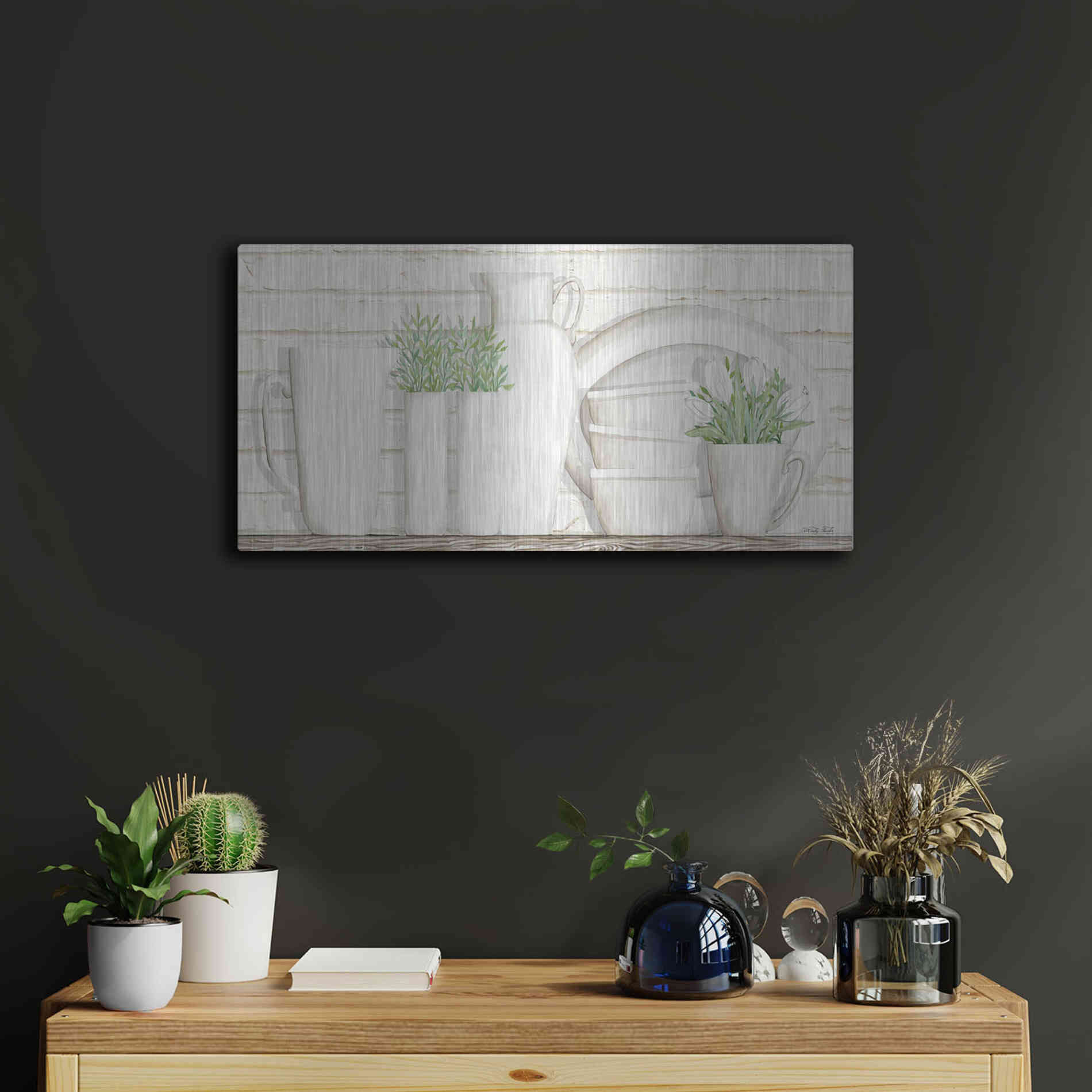 Luxe Metal Art 'White Ware Shelf I' by Cindy Jacobs, Metal Wall Art,24x12