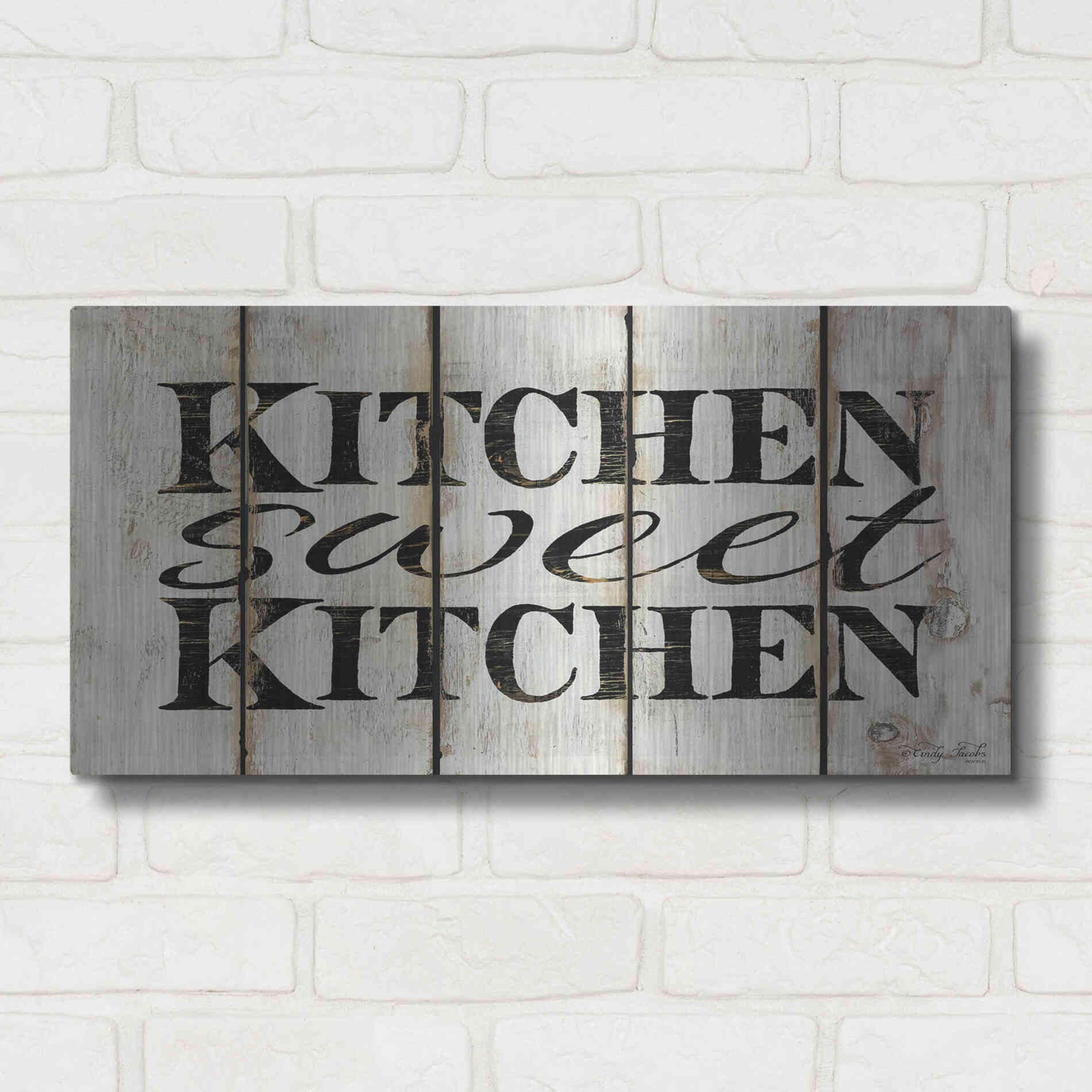 Luxe Metal Art 'Kitchen Sweet Kitchen on Wood Panels' by Cindy Jacobs, Metal Wall Art,24x12