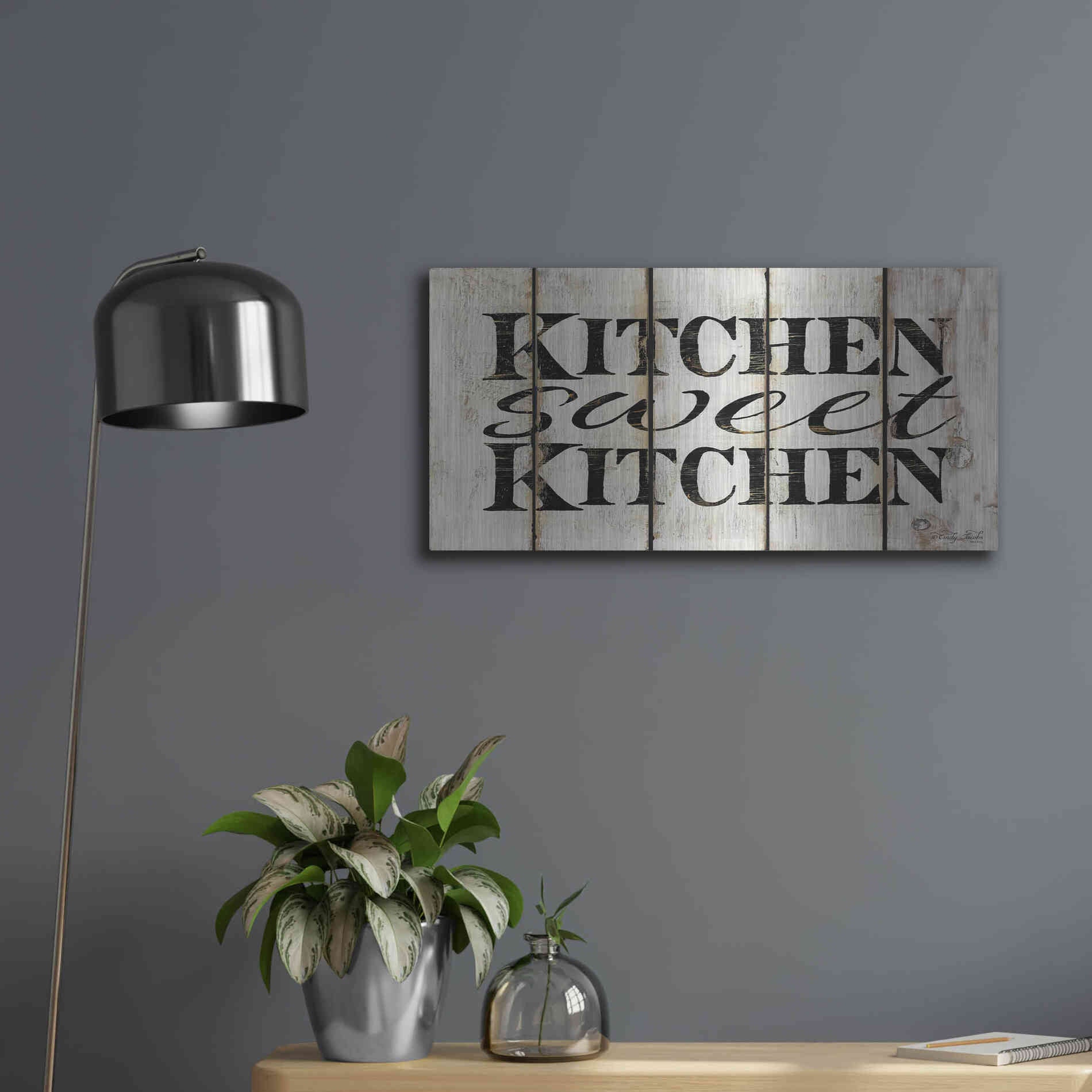 Luxe Metal Art 'Kitchen Sweet Kitchen on Wood Panels' by Cindy Jacobs, Metal Wall Art,24x12