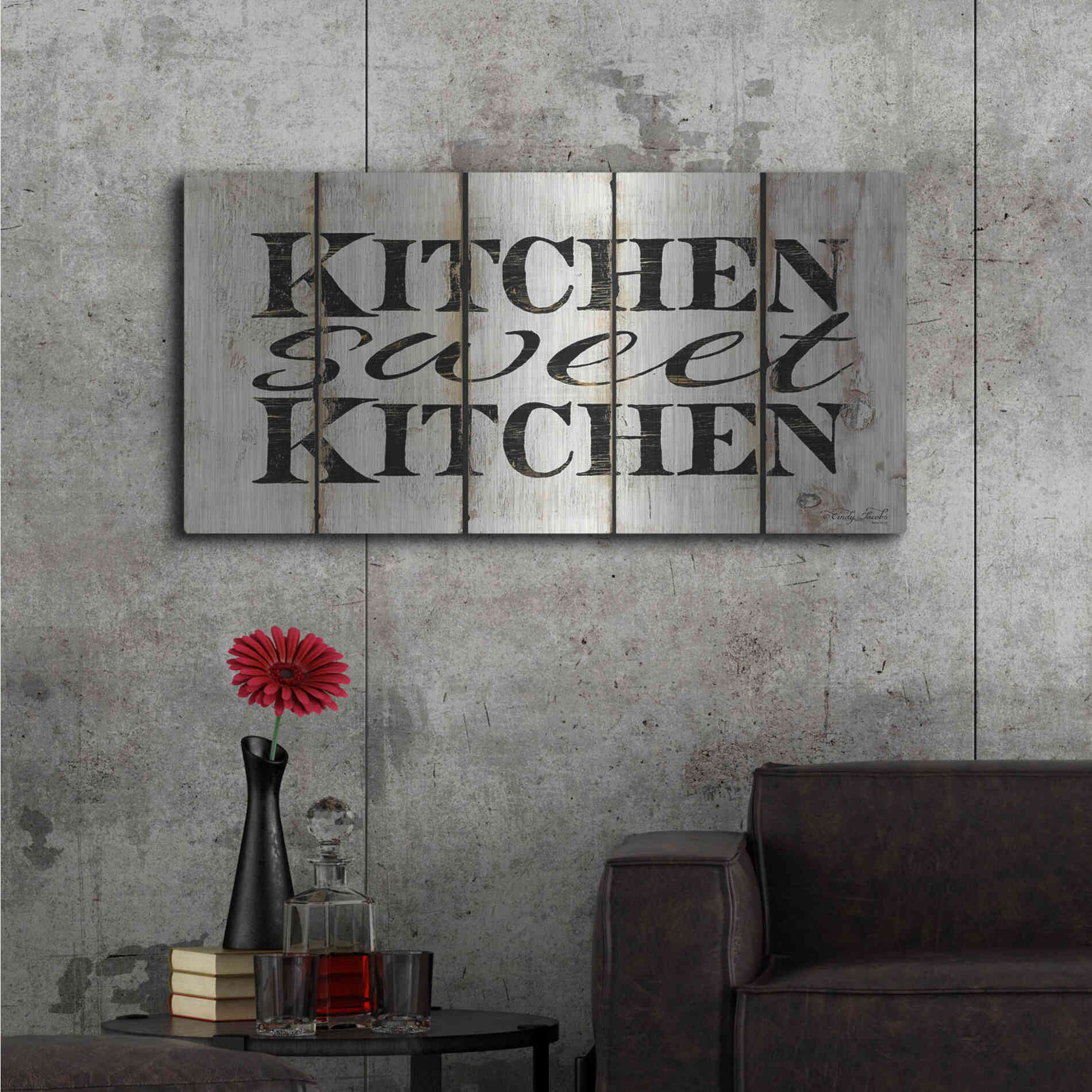 Luxe Metal Art 'Kitchen Sweet Kitchen on Wood Panels' by Cindy Jacobs, Metal Wall Art,48x24