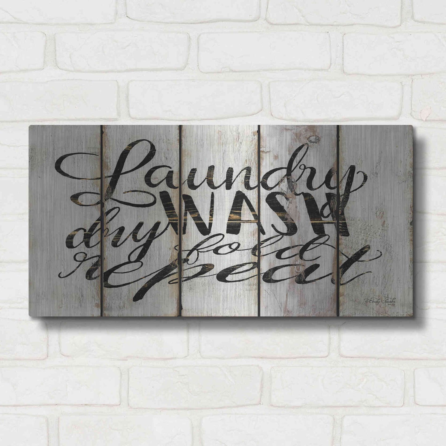 Luxe Metal Art 'Laundry Duties on Wood Panels' by Cindy Jacobs, Metal Wall Art,24x12
