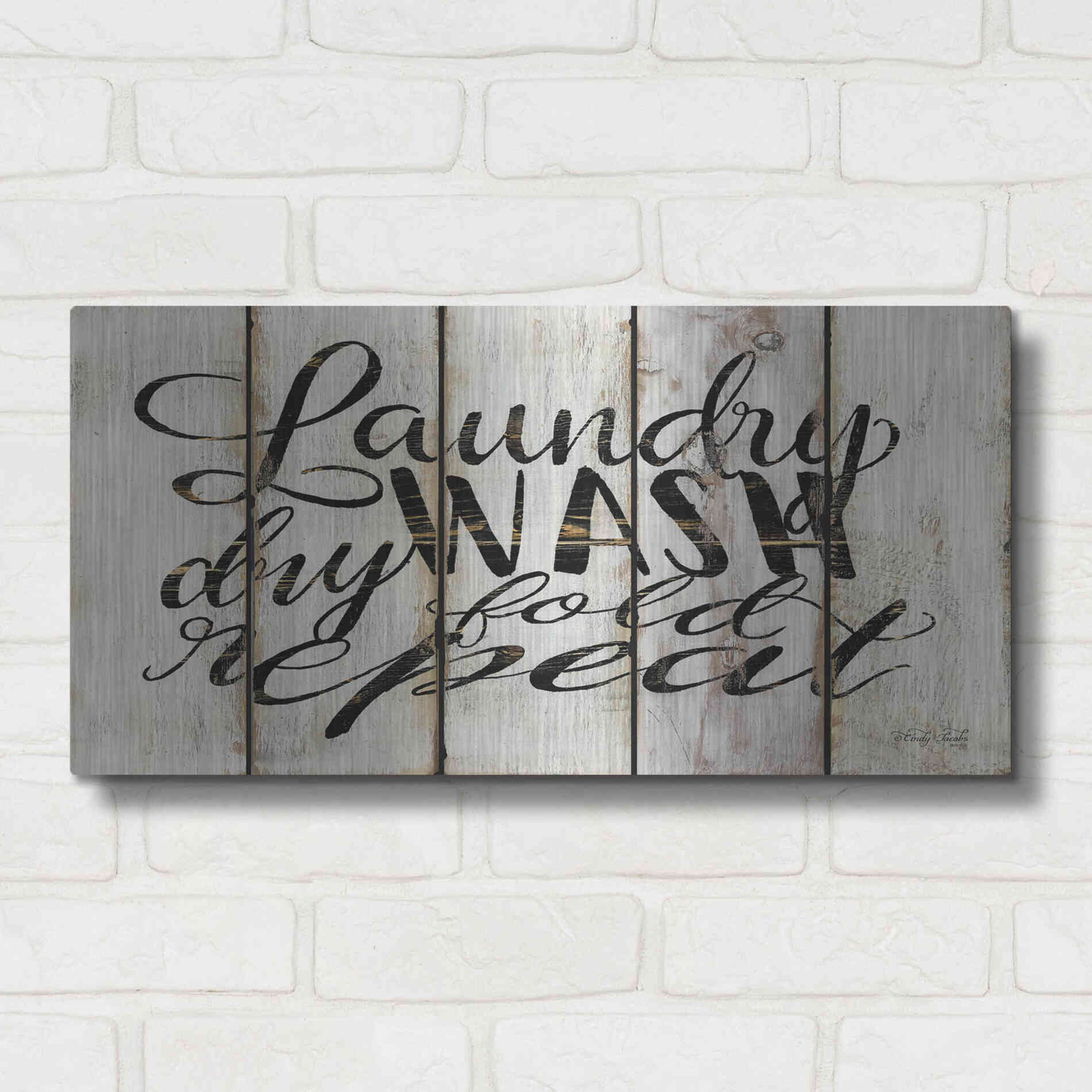 Luxe Metal Art 'Laundry Duties on Wood Panels' by Cindy Jacobs, Metal Wall Art,24x12