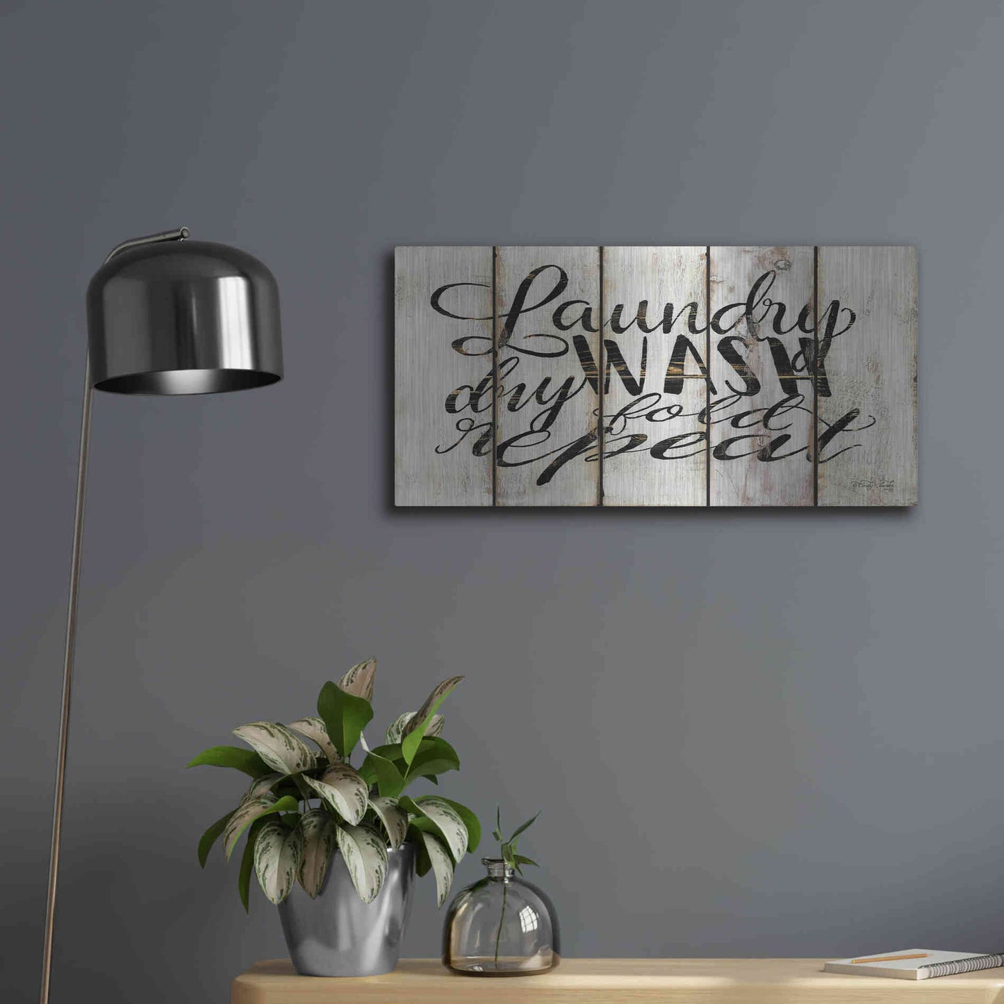 Luxe Metal Art 'Laundry Duties on Wood Panels' by Cindy Jacobs, Metal Wall Art,24x12