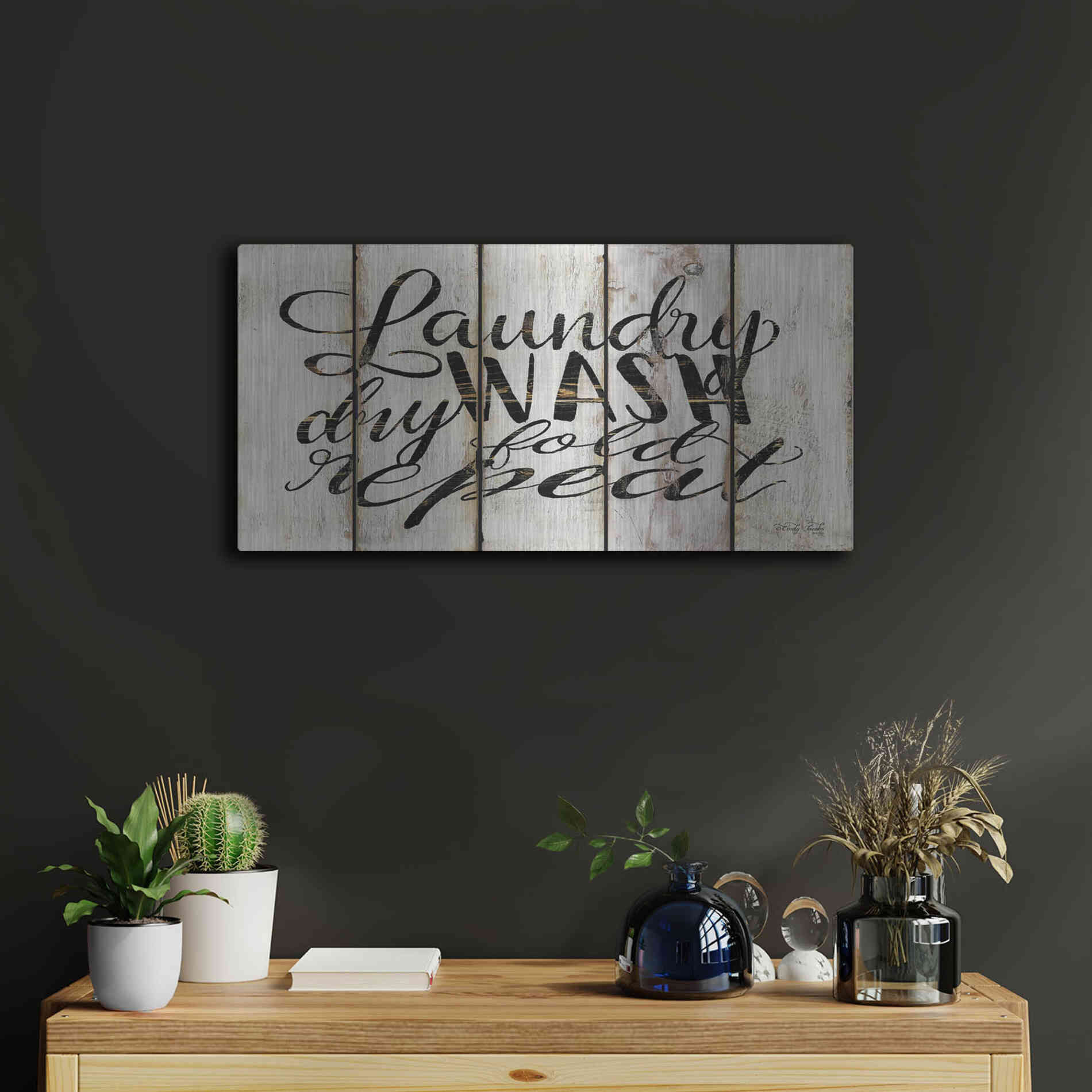 Luxe Metal Art 'Laundry Duties on Wood Panels' by Cindy Jacobs, Metal Wall Art,24x12