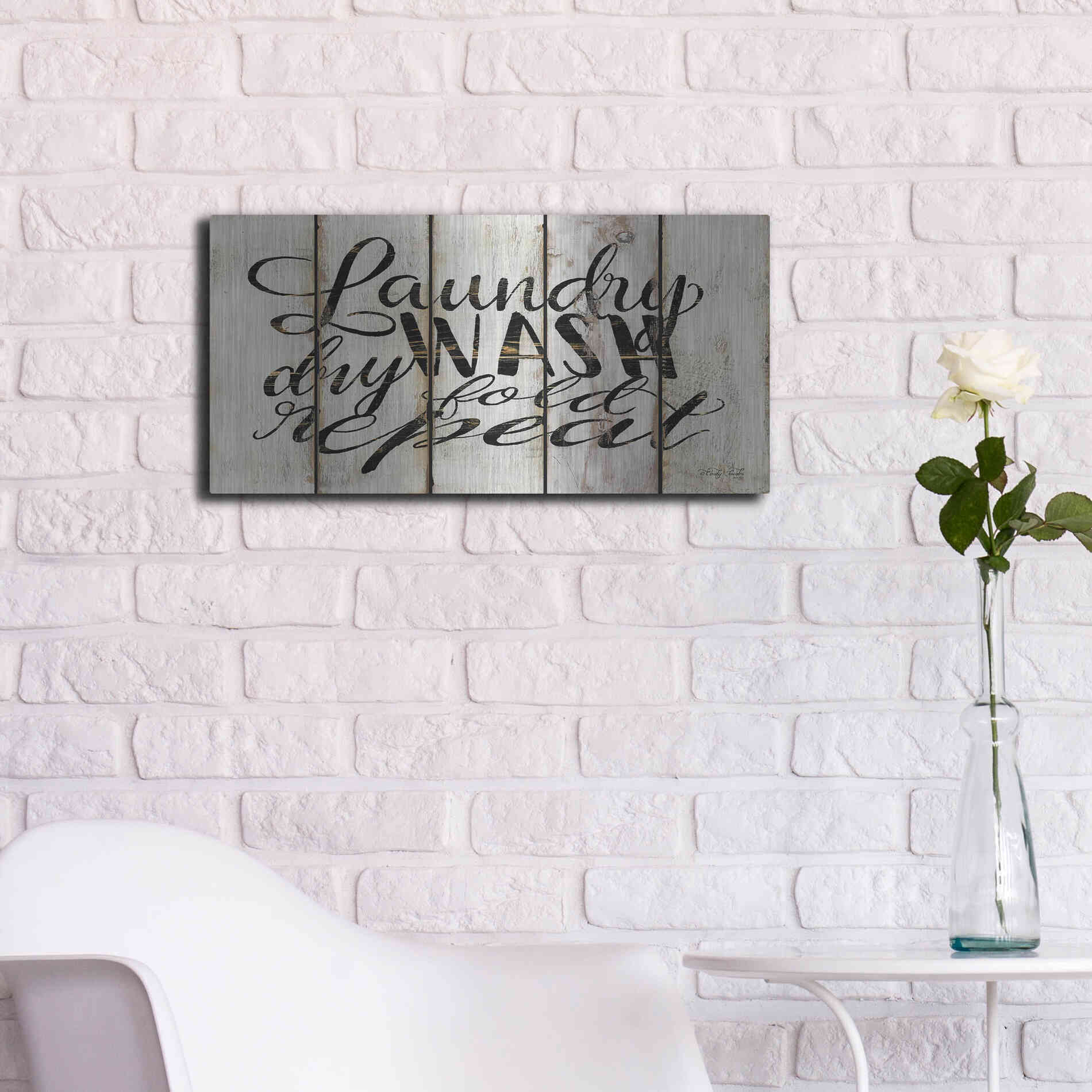 Luxe Metal Art 'Laundry Duties on Wood Panels' by Cindy Jacobs, Metal Wall Art,24x12