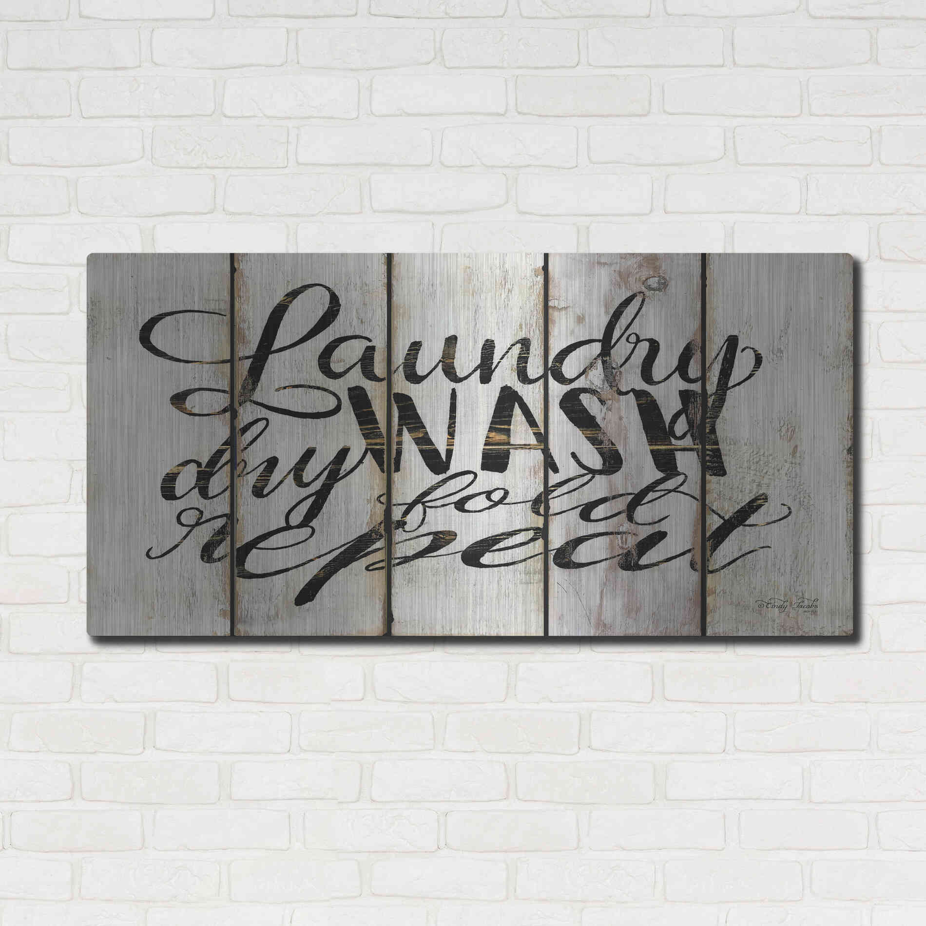 Luxe Metal Art 'Laundry Duties on Wood Panels' by Cindy Jacobs, Metal Wall Art,48x24