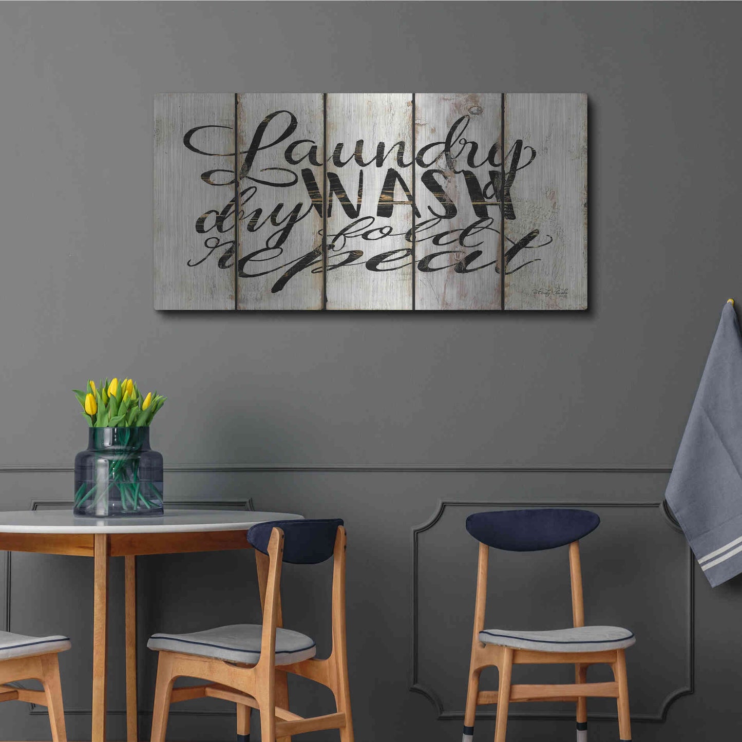 Luxe Metal Art 'Laundry Duties on Wood Panels' by Cindy Jacobs, Metal Wall Art,48x24