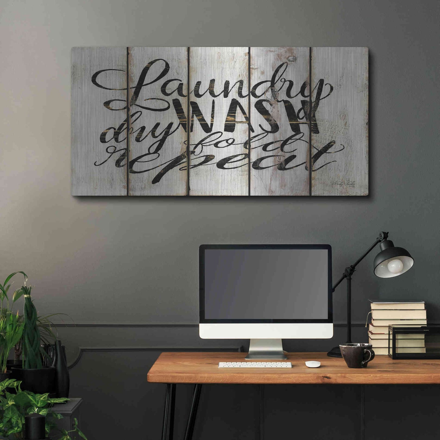 Luxe Metal Art 'Laundry Duties on Wood Panels' by Cindy Jacobs, Metal Wall Art,48x24