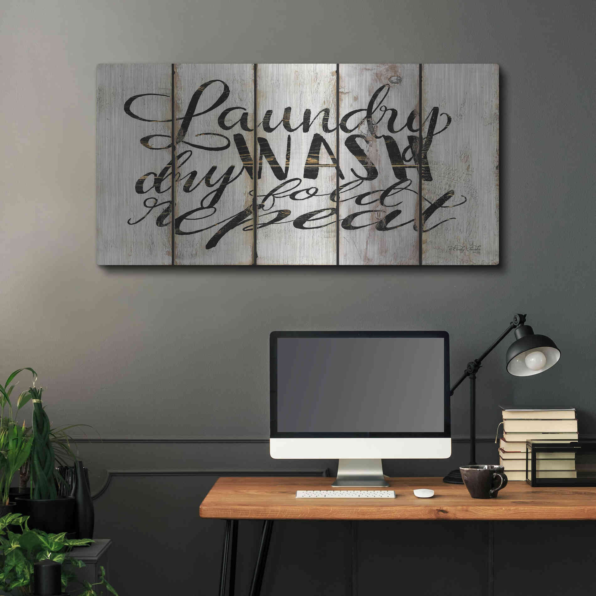 Luxe Metal Art 'Laundry Duties on Wood Panels' by Cindy Jacobs, Metal Wall Art,48x24