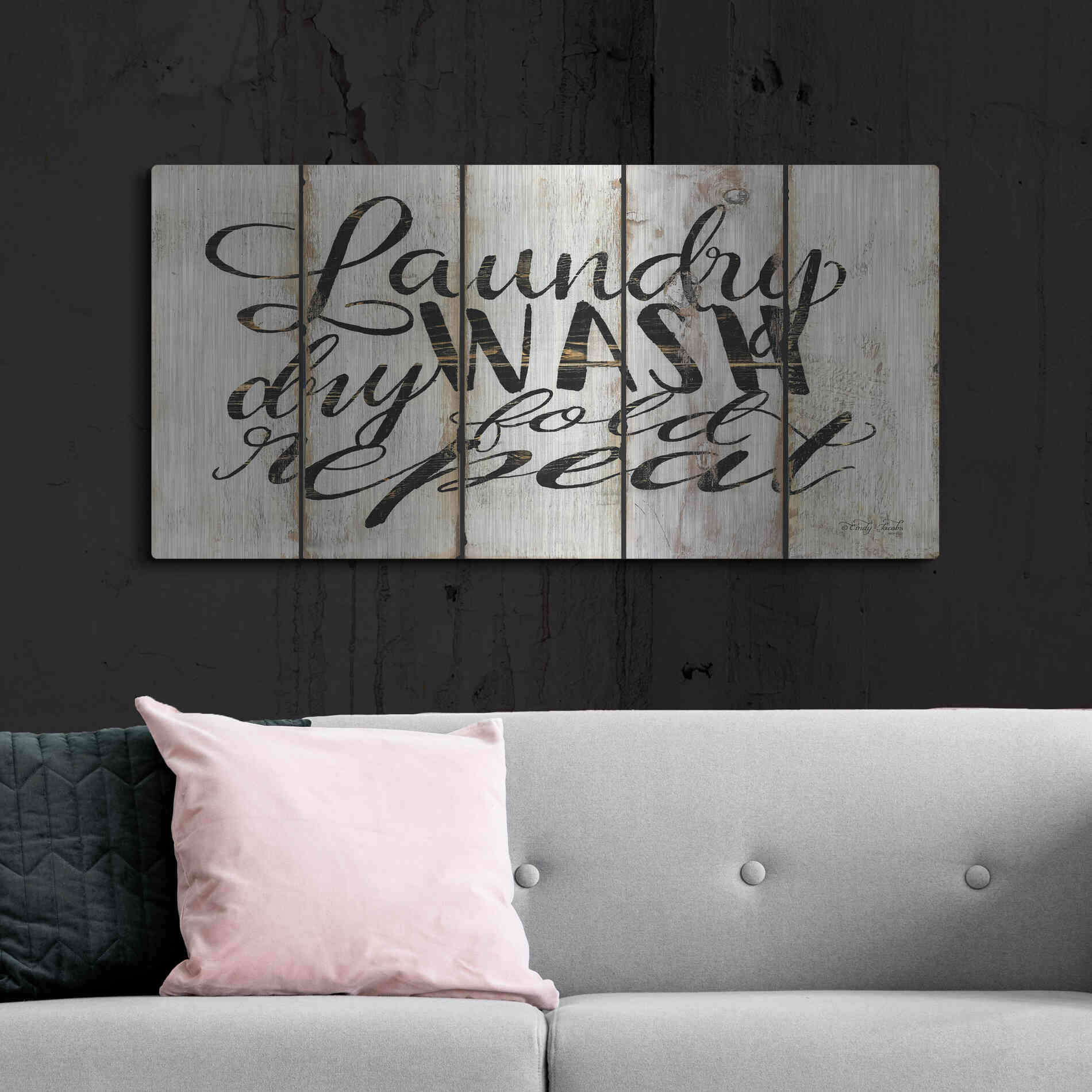 Luxe Metal Art 'Laundry Duties on Wood Panels' by Cindy Jacobs, Metal Wall Art,48x24
