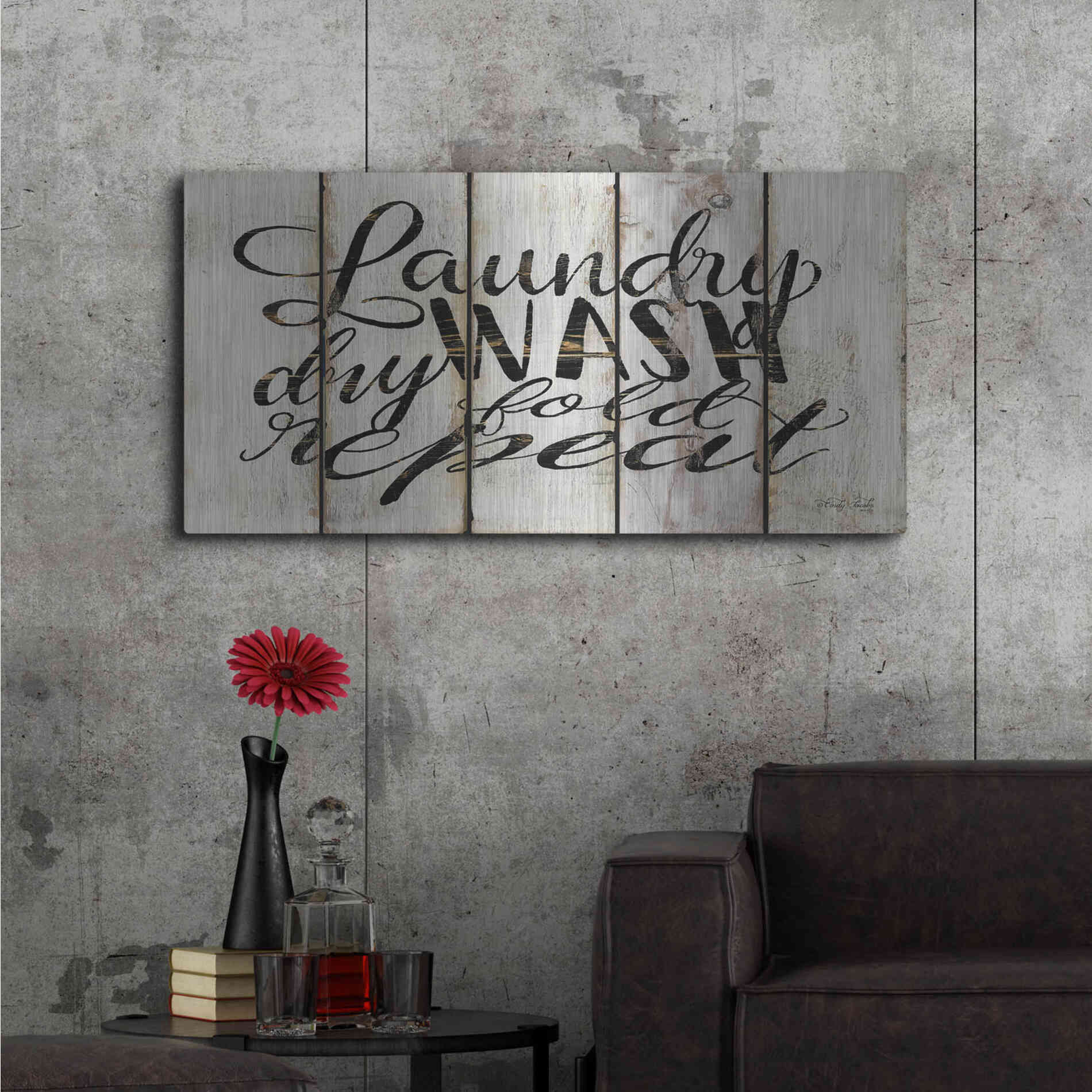 Luxe Metal Art 'Laundry Duties on Wood Panels' by Cindy Jacobs, Metal Wall Art,48x24