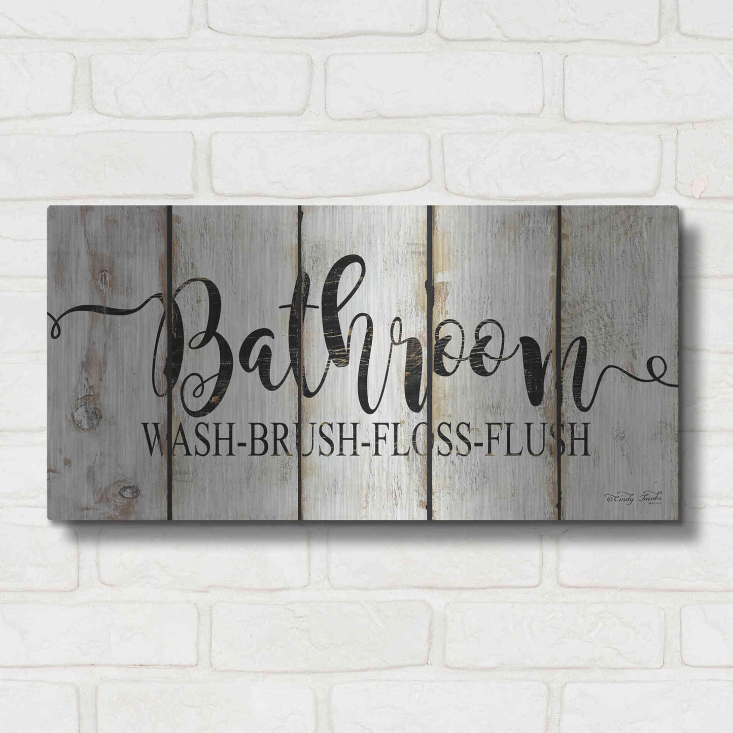 Luxe Metal Art 'Bathroom on Wood Panels' by Cindy Jacobs, Metal Wall Art,24x12