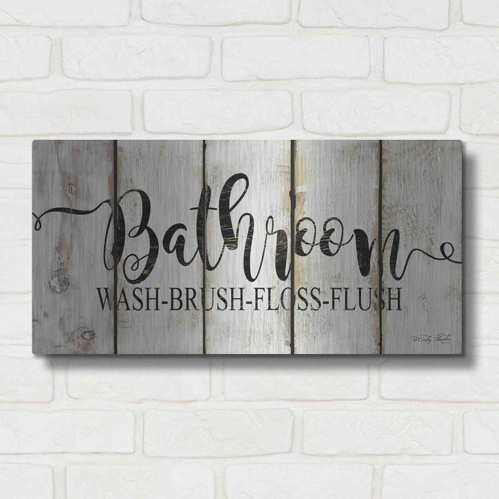 Luxe Metal Art 'Bathroom on Wood Panels' by Cindy Jacobs, Metal Wall Art,24x12