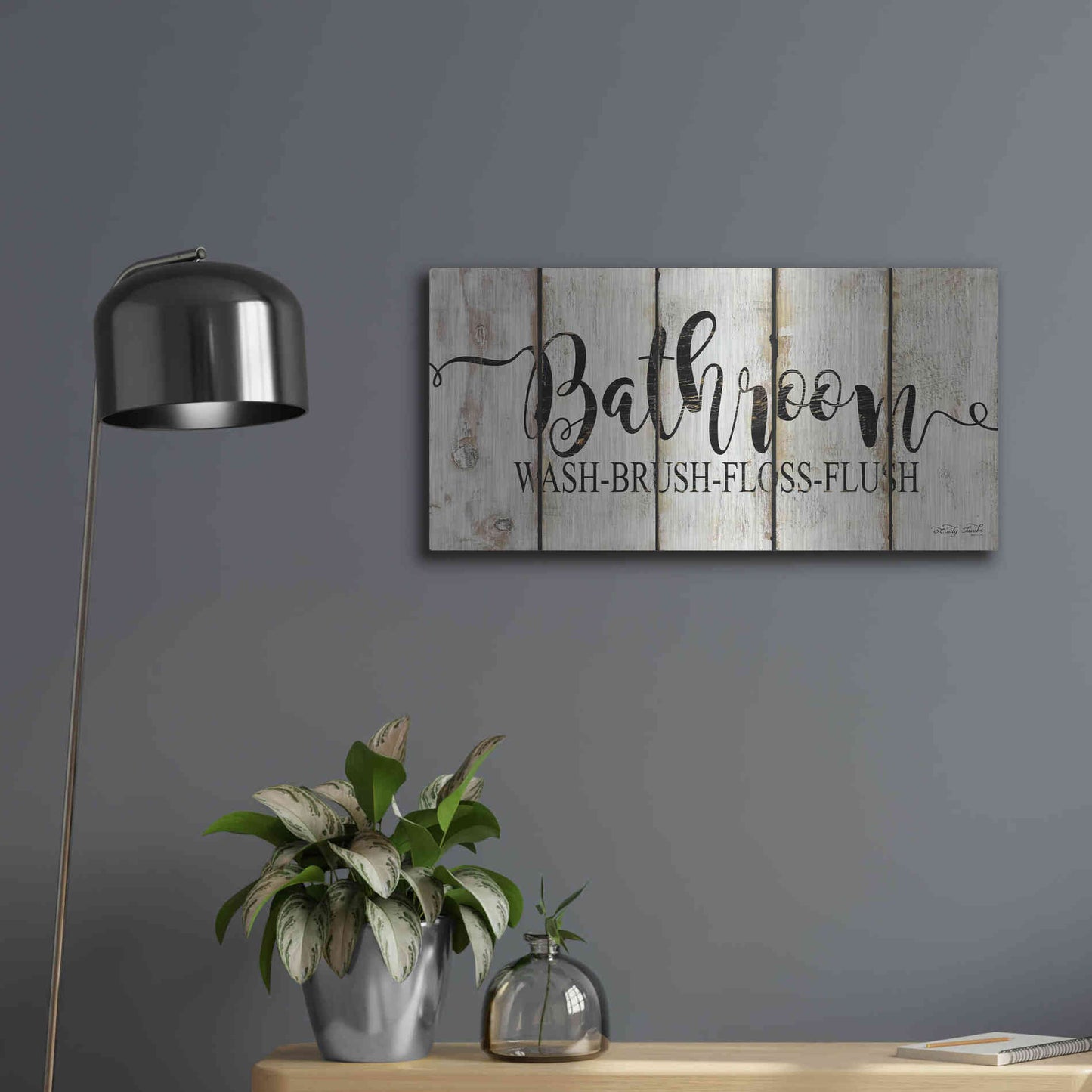 Luxe Metal Art 'Bathroom on Wood Panels' by Cindy Jacobs, Metal Wall Art,24x12