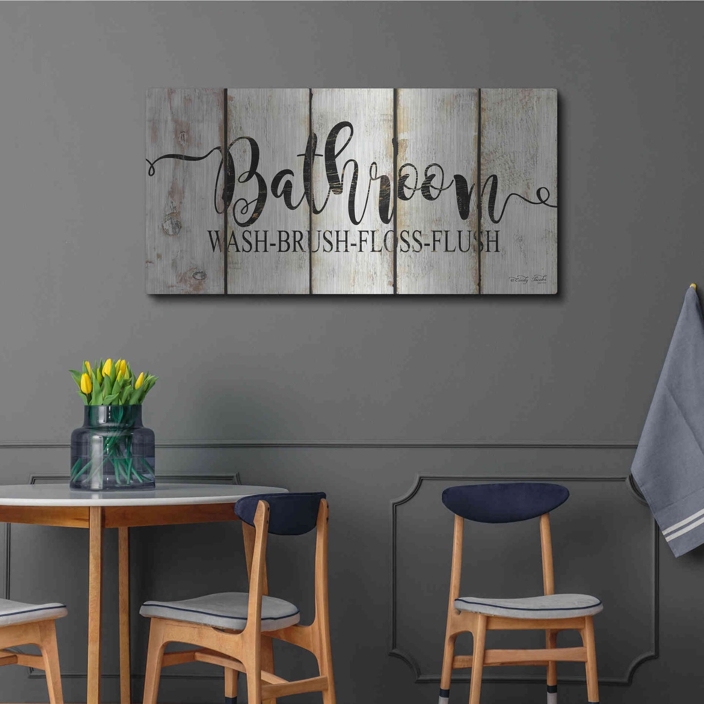 Luxe Metal Art 'Bathroom on Wood Panels' by Cindy Jacobs, Metal Wall Art,48x24