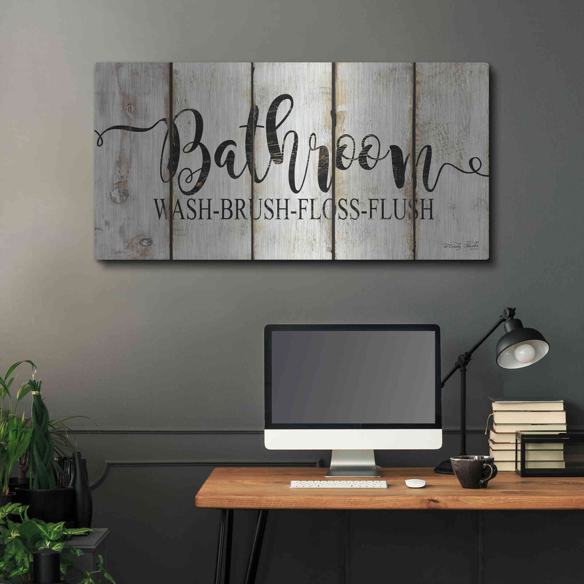 Luxe Metal Art 'Bathroom on Wood Panels' by Cindy Jacobs, Metal Wall Art,48x24