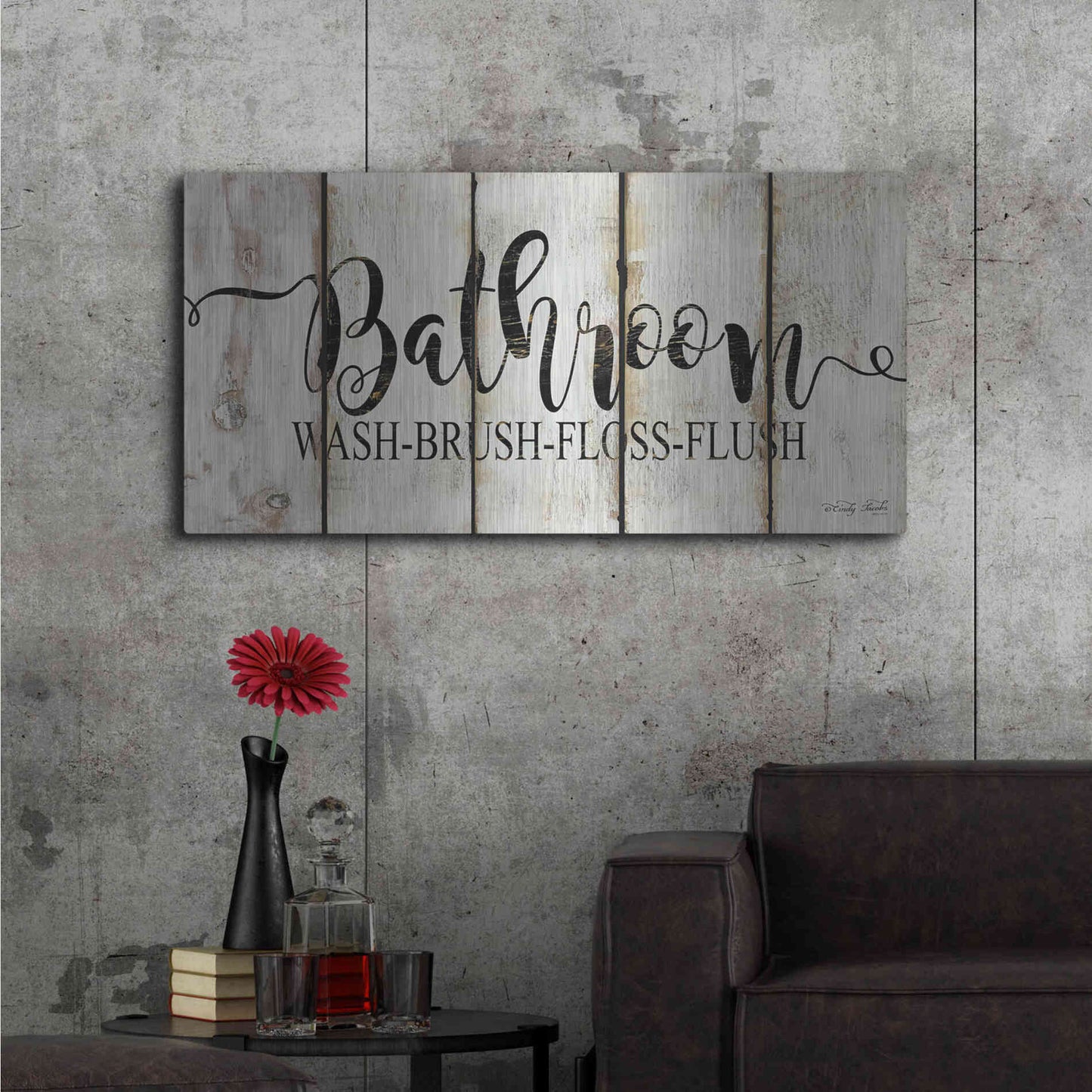 Luxe Metal Art 'Bathroom on Wood Panels' by Cindy Jacobs, Metal Wall Art,48x24