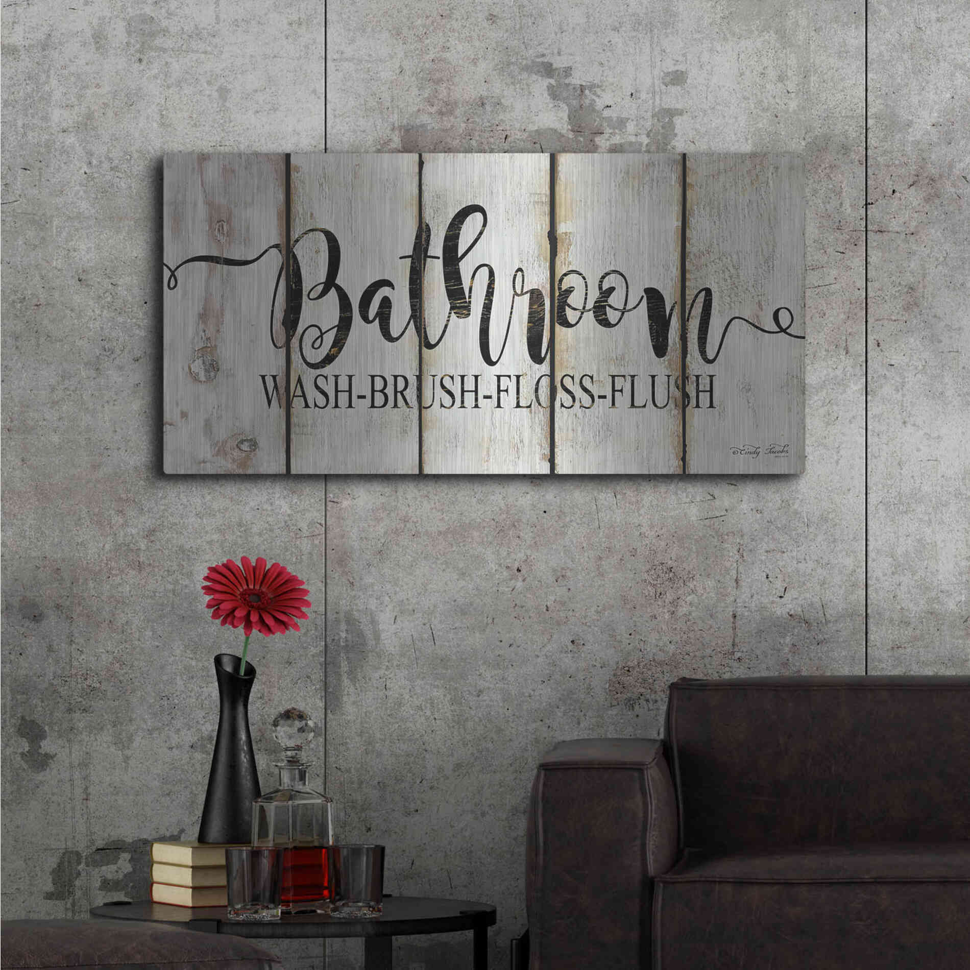 Luxe Metal Art 'Bathroom on Wood Panels' by Cindy Jacobs, Metal Wall Art,48x24