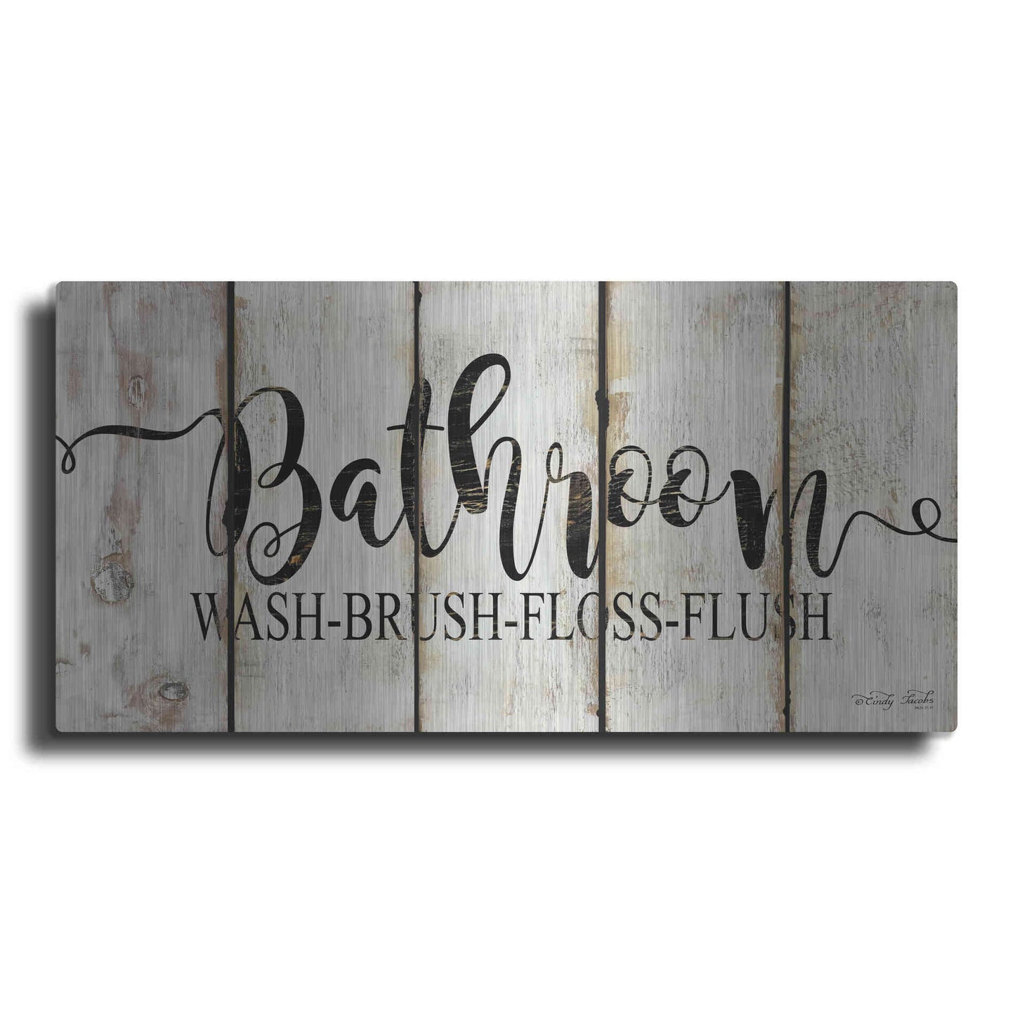 Luxe Metal Art 'Bathroom on Wood Panels' by Cindy Jacobs, Metal Wall Art