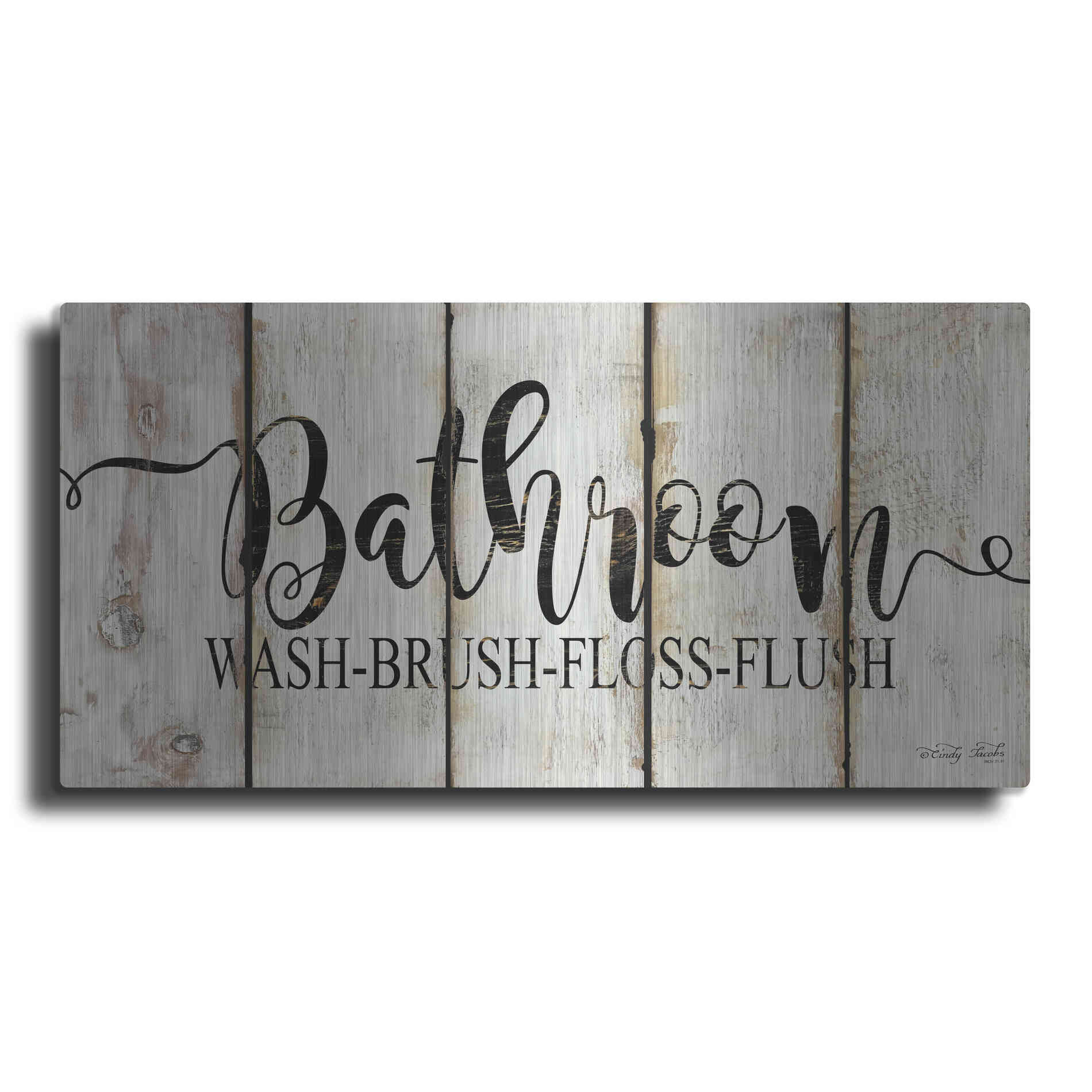 Luxe Metal Art 'Bathroom on Wood Panels' by Cindy Jacobs, Metal Wall Art