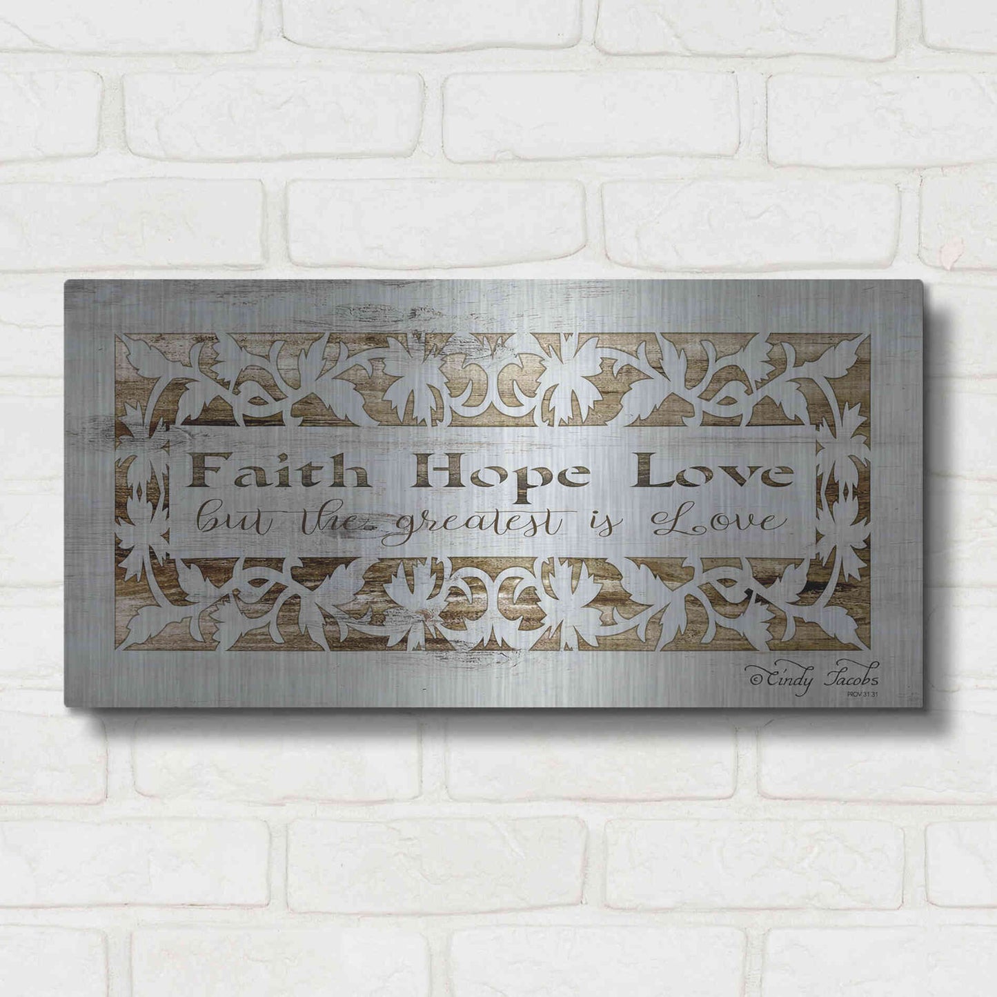 Luxe Metal Art 'Faith, Hope, Love' by Cindy Jacobs, Metal Wall Art,24x12