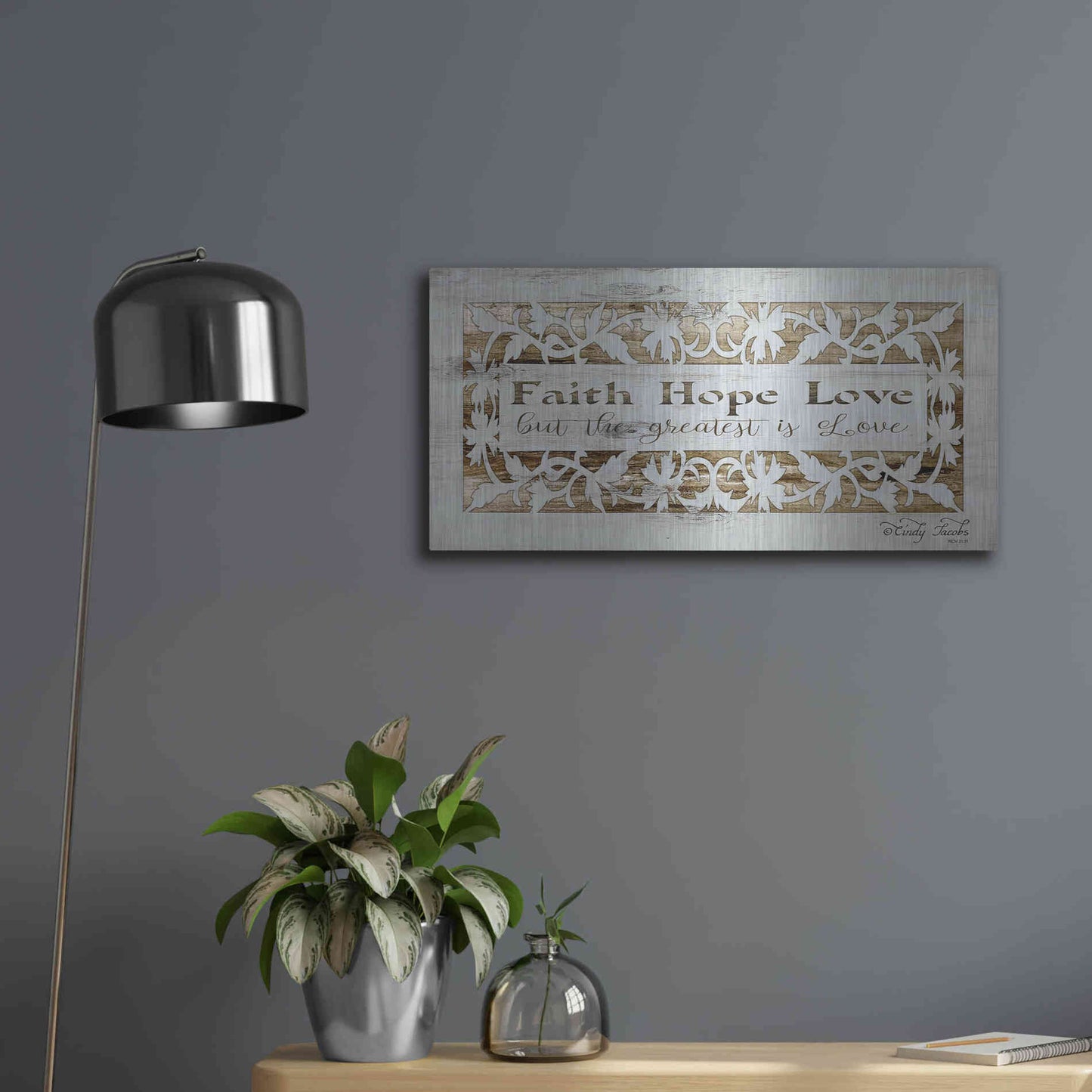 Luxe Metal Art 'Faith, Hope, Love' by Cindy Jacobs, Metal Wall Art,24x12