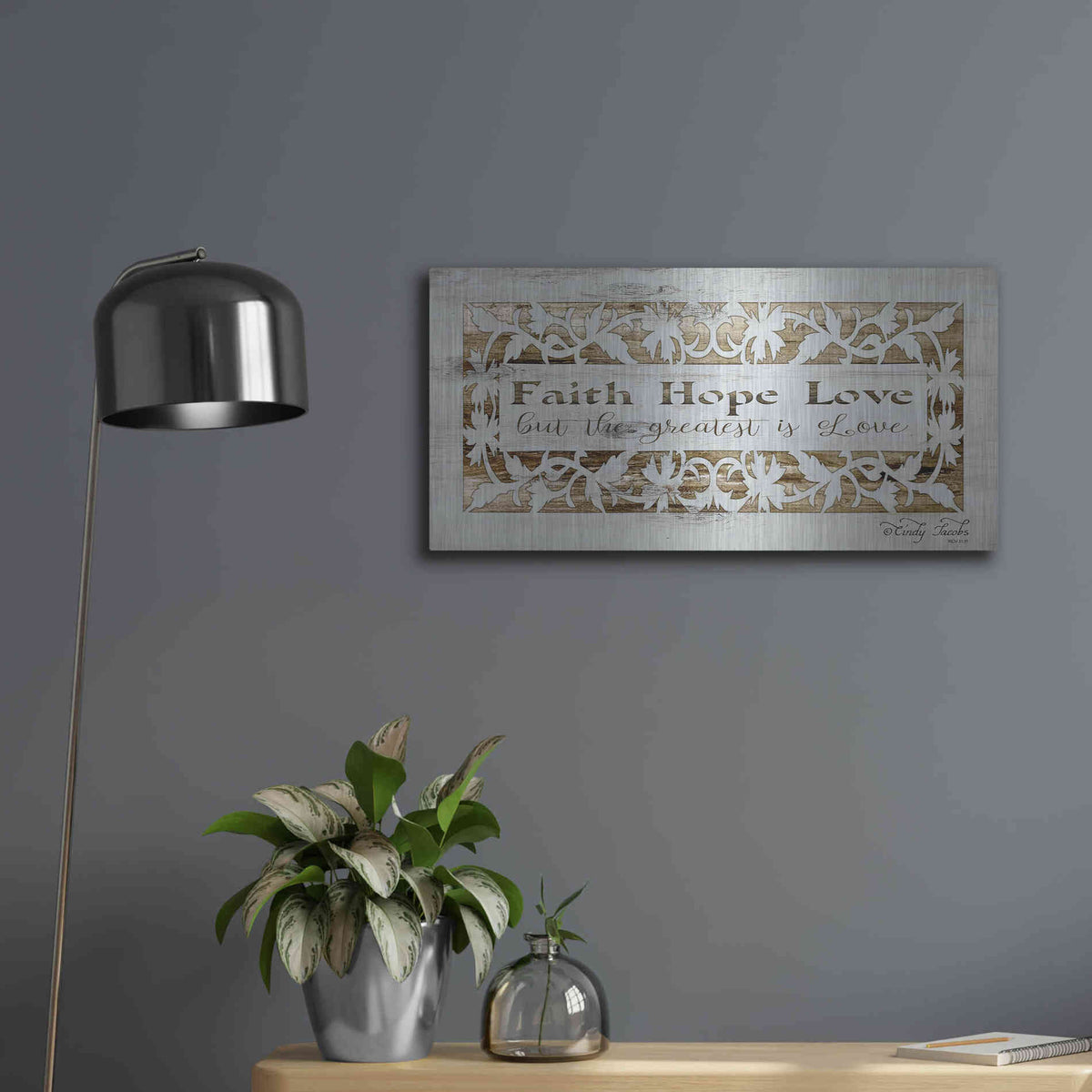 Luxe Metal Art 'Faith, Hope, Love' by Cindy Jacobs, Metal Wall Art,24x12