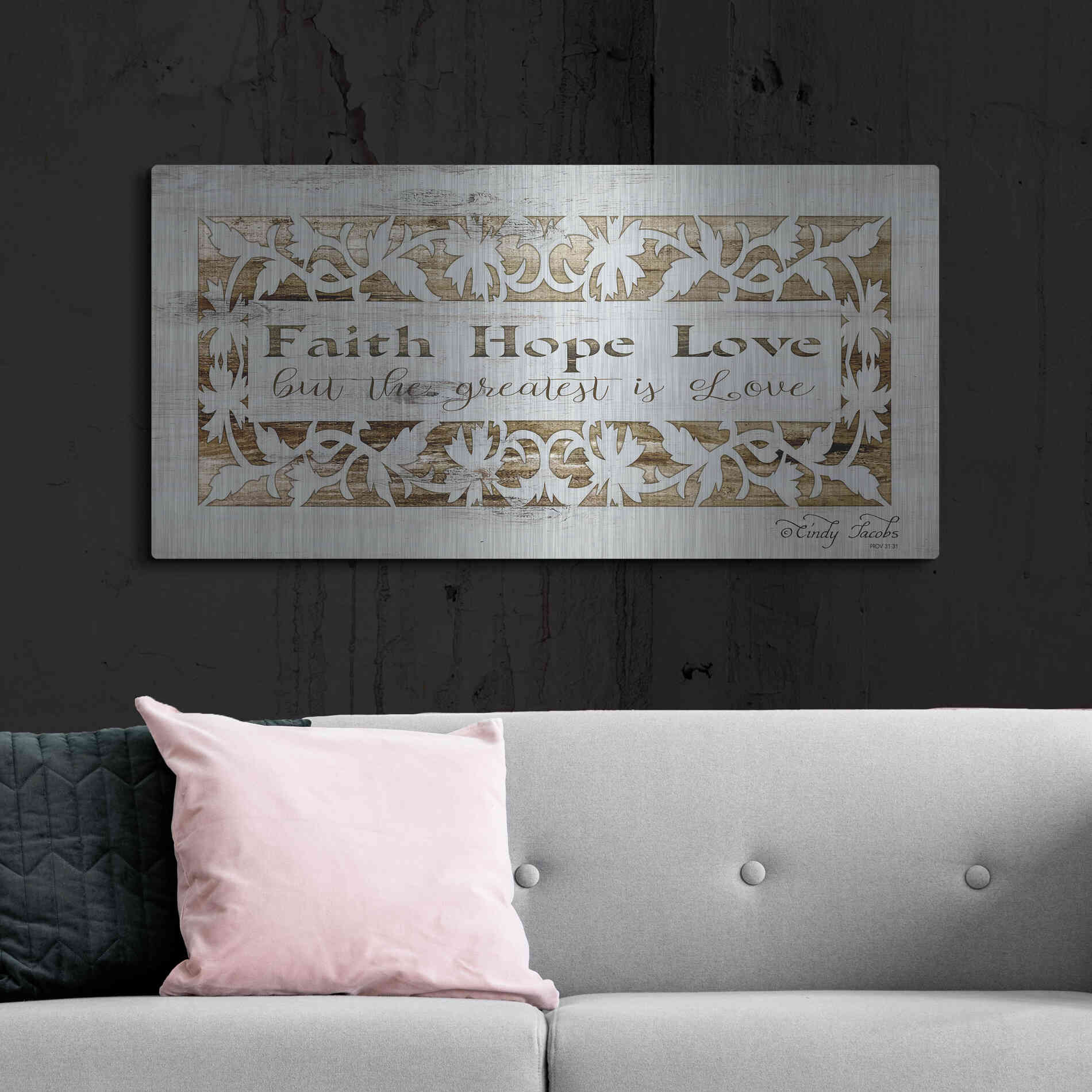 Luxe Metal Art 'Faith, Hope, Love' by Cindy Jacobs, Metal Wall Art,48x24
