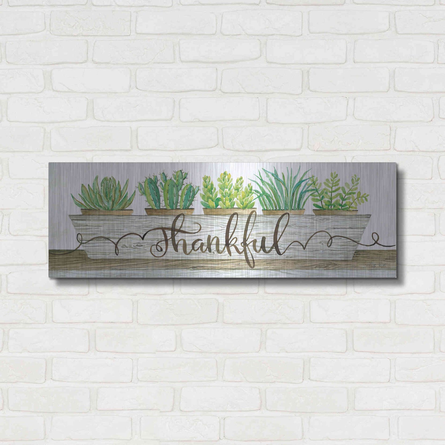 Luxe Metal Art 'Thankful Succulent Pots' by Cindy Jacobs, Metal Wall Art,36x12