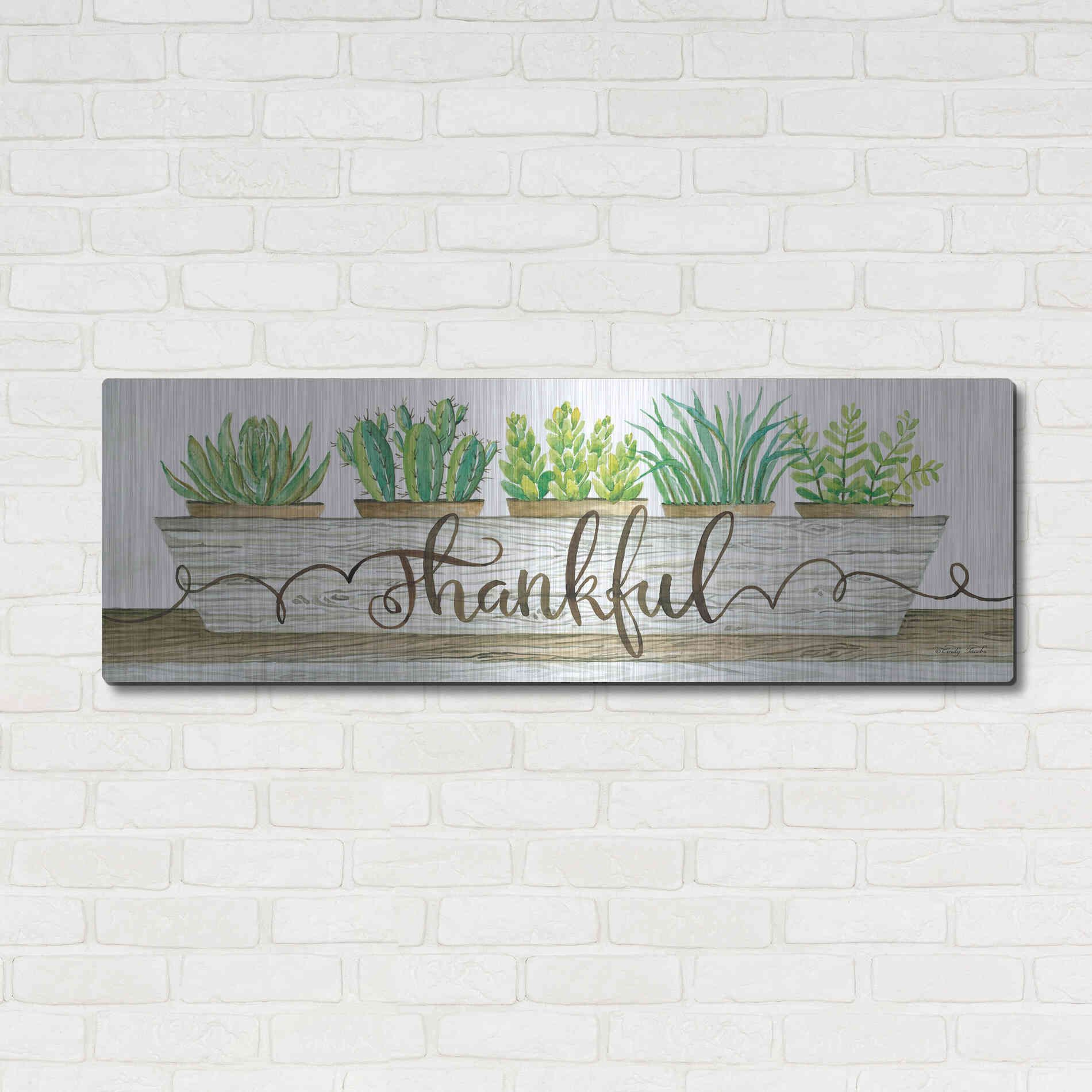 Luxe Metal Art 'Thankful Succulent Pots' by Cindy Jacobs, Metal Wall Art,48x16